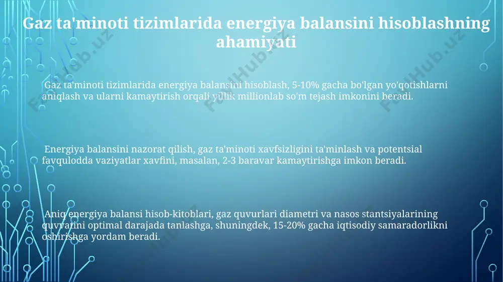 h orqali gaz ta'minoti tizimining umumiy samaradorligini 12% gacha oshirish mumkin. natijalarni tahlil qilishda 5% dan ortiq energiya yo'qotishlari aniqlansa, quvurlarni izolyatsiyalash yoki kompressorlarning samaradorligini oshirish bo'yicha takliflar ishlab chiqish kerak. optimallashtirish jarayonida 10 mpa bosimli gaz oqimining tezligini 15% ga kamaytirish orqali energiya sarfini 7% ga qisqartirish mumkinligini simulyatsiya natijalari ko'rsatdi. energiya balans tenglamasini tuzish va yechish energiya balans tenglamasini tuzishda, gaz oqimining bosimi (masalan, 5 mpa dan 2 mpa gacha) va harorat farqi (15°c dan 25°c gacha) kabi parametrlarni aniq o'lchash muhimdir. gaz quvurlarida ishqalanish yo'qotishlarini hisoblash uchun darcy-weisbach tenglamasidan foydalaniladi, bu yerda ishqalanish koeffitsiyenti (f=0.02) va quvur diametri (d=0.5m) kabi omillar hisobga olinadi. energiya balansini yechishda, kompressorlarning ishlash samaradorligi (η=0.8) va gazning issiqlik sig'imi (cp=1.5 kj/kgk) kabi parametrlarni hisobga olish kerak. issiqlik yo'qotishlarini hisoblash йўқотишларни камайтириш учун 30% гача изоляция қўллаш орқали йилига 15% гача энергия тежаш мумкин. иссиқлик йўқотишларини ҳисоблашда, диаметри 100 мм бўлган қувурда 10°c …