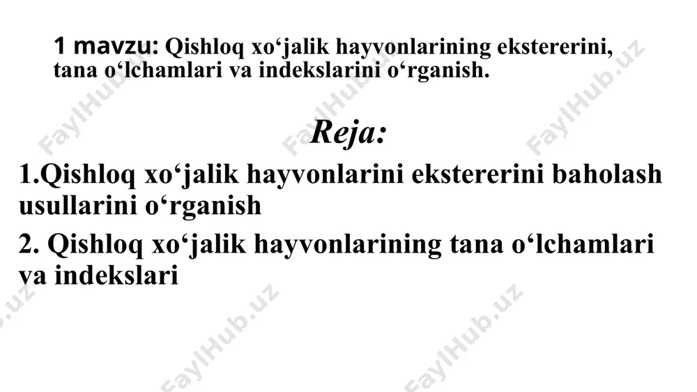 anadi. masalan, bunda sigirlarga va buqalarga 10 ball beriladi. . 3.tana qismlarini o‘lchash — hayvonlarning tanasining turli qismlaridan o‘lchamlar olinadi. 4.tana tuzilishi indekslarini hisoblash — hayvonlarning tuzilishi indeksi deb tananing biror qismi o‘lchov ko‘rsatkichining ikkinchi qismi o‘lchov ko‘rsatkichiga bo‘lgan nisbatiga aytiladi va u foiz hisobida ifodalanadi. masalan, mol tanasining ixchamlik indeksini aniqlash uchun uning ko‘krak aylanasi ko‘rsatkichini gavdasining qiya uzunligiga bo‘lgan nisbati olinadi va u (koeffitsient) 100 ga ko‘paytiriladi. qishloq xo‘jalik hayvonlarining tana qismlarini o‘lchashning maqsadga qarab o‘lcham olish turlicha bo‘ladi, ilmiy tekshirishlarda qoramollarda 30 dan ortiq, cho‘chqalarda 5, qo‘ylarda 5-6 dan ortiq, otlarda 20 ta, asosiy o‘sish va rivojlanishni kuzatib borish uchun esa qoramollarda 5-6, cho‘chqalarda 5, qo‘ylarda 5-6 ta otlarda 4 ta, parrandalarda 22 va 8 ta o‘lchamlar olinadi 5.grafik usulda — bir guruh mollardan olingan tana o‘lchovi ko‘rsatgichlari 100 foiz hisobida olingach, boshqa bir necha mol guruhlari o‘lchovlarining birinchi guruh mollari o‘lchoviga bo‘lgan nisbati grafikka tushurilib, o‘zaro …