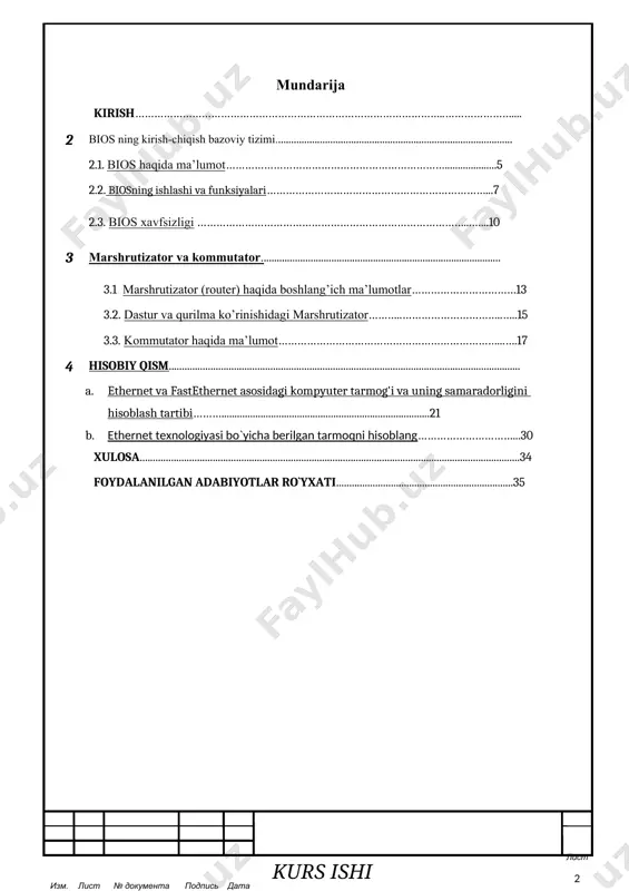 «___»___. 2023 y. kurs ishining topshirig`i hisobiy qism variant №30 1. bios ning kirish-chiqish bazoviy tizimi. 2. marshrutizator va kommutator. 3. hisobiy qism variant №29 4. grafik qismi v blok 3-etaj segment 1 10base-5 270 segment 2 10base-2 50 segment 3 10base-t 85 segment 4 10base-fb 1000 segment 5 10base-fl 300 segment 6 foirl 105 segment 7 10base-5 300 segment 8 10base-2 105 segment 9 10base-t 250 segment 10 10base-fb 270 segment 11 10base-fl 50 segment 12 foirl 85 kurs ishining tarkibi: kirish, nazariy savollarga javoblar, hisobiy qism, xulosa, foydalanilgan adabiyotlar ro`yxati va ilovalar ish topshirilgan vaqti: «___» ___. 2023 y. tugallangan ishni topshirish muddati: «__» ___. 2023 y. kurs ishi hisob-tushuntirish malumoti (bo‘limlarni ko‘rsatma bo‘yicha ko‘rib chiqish bosqich nomi kirish nazariy savollarga javoblar hisobiy qism xulosa kurs ishini rasmiylashtirish va himoya qilish bajarish muddati va bahosi rahbar: ___ _______ phd. sattorov o.u. sana imzo lavozimi f.i.o topshiriqni qabul qildim: …