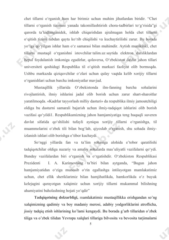 a, jissiy tadqiq etish ishlarining ko’lami kengaydi. bu borada g’arb tillaridan o’zbek tiliga va o’zbek tilidan yevropa xalqlari tillariga bilvosita va bevosita tarjimalarni asliyat bilan qiyosiy-tipologik aspektda ilmiy tadqiq etish ishlariga katta e’tibor qaratilmoqda. darhaqiqat, fransuz-o’zbek tarjimachiligi tarixi ham qariyb yuz yillik tarixni o’z ichiga oladi. fransuz adabiyotidan o’zbek tiliga o’girilgan tarjimalar tarixi va amaliyoti tarjimashunos olim muhammadjon xolbekov tomonidan o’rganilgan va targ’ib qilingan . o’tgan asr davomida o’zbek kitobxoni fransuz adabiyoti namoyondalari bo’lmish fransua rable, molyer, volter, monteske, stendal, o.de balzak, g.de mopassan, e.zola, v.gyugo, a.duma, g.flober, j.sand, p.merime, a.frans, f.moriyak, a.sent-eksyuperi, a.kamyu, le klezio, f.sagan singari adiblarning asarlarini ona tilida o’qishga muyassar bo’ldi. bu tarjimalar xususida, umuman fransuz-o’zbek va o’zbek-fransuz tarjimachiligi tarixi, nazariyasi va amaliyoti respublikamiz olimlari tomonidan keng qamrovda o’rnatilgan. biz ushbu magistrlik dessertatsiyamizda o’tgan asrning 50-60-yillarida fransuz adabiyotining roman janridan tilimizga o’girilgan tarjimalarda asliyat matnida ifodalangan milliy koloritning berilishini o’rganishni muhim omil qilib oldik. muammoning alohida …