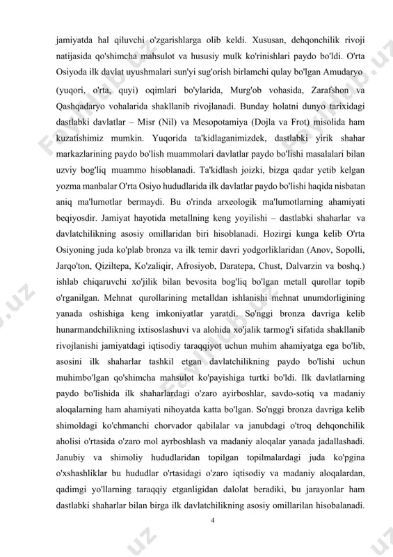 payishiga turtki bo'ldi. ilk davlatlarning paydo bo'lishida ilk shaharlardagi o'zaro ayirboshlar, savdo-sotiq va madaniy aloqalarning ham ahamiyati nihoyatda katta bo'lgan. so'nggi bronza davriga kelib shimoldagi ko'chmanchi chorvador qabilalar va janubdagi o'troq dehqonchilik aholisi o'rtasida o'zaro mol ayrboshlash va madaniy aloqalar yanada jadallashadi. janubiy va shimoliy hududlaridan topilgan topilmalardagi juda ko'pgina o'xshashliklar bu hududlar o'rtasidagi o'zaro iqtisodiy va madaniy aloqalardan, qadimgi yo'llarning taraqqiy etganligidan dalolat beradiki, bu jarayonlar ham dastlabki shaharlar bilan birga ilk davlatchilikning asosiy omillarilan hisobalanadi. ko'pchilik tadqiqotchilarning fikrlariga qaraganda, o'rta osiyoda eng qadimgi davlatlarning shakllanish jarayoni dehqon-chorvachilik iqtisodiyoti, ixtisoslashgan hunarmandchilik va shahar markazlarining paydo bo'lishi bilan uzviy bog'liqdir. hozirgi kunga qadar olib borilgan arxeologik tadqiqotlar natijalari bu hududlarda ilk temir davridagi ijtimoiy-siyosiy rivojlanishning ayrim muhim masalalarini yangi asosda izohlashga imkoniyat yaratadi. ammo, shunga qaramasdan bu masala to'liq yechimini topmagan bo'lib, xususan, o'rta osiyo qadimgi davlatlari tipologiyasi va xronologiyasi, davlatchilik taraqqiyotida ilk shaharlarning ahamiyati muammosi shular jumlaschidandir. xix asrning …