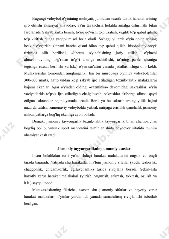nlik, chidamkorlik, egiluvchanlik) tusida rivojlana boradi. sekin-asta hayotiy zarur harakat malakalari (yurish, yugurish, sakrash, to'xtash, osilish va h.k.) sayqal topadi. mutaxassislarning fikricha, asosan shu jismoniy sifatlar va hayotiy zarur harakat malakalari, o'yinlar yordamida yanada samaraliroq rivojlanishi isbotlab berilgan. oilada, maktabgacha tarbiya muassasalarida, turli bosqichdagi ta'lim maskanlarida ushbu muammoga har doim ham rejali va ilmiy jihatdan yondoshilmaydi. jismoniy mashqlarni to'g'ri qo'llash, ularni bolalar qanday o'zlashtirayotganligini nazorat qilib borish, shu bolalardagi jismoniy sifatlarni, uning qaddi-qomati, jismoniy va funksional taraqqiyoti to'g'ri yo'nalishda tarbiyalanib borishiga imkon yaratadi. ma'lumki, insonning jismoniy sifatlari uning tug'ilishidan boshlab shakllana boradi. lekin, uning bolaligida shu sifatlar qanday darajada shakllanishi, oddiy yoki murakkab harakatlarni o'zlashtirib olishi nafaqat uni o'sib, yashab kelayotgan muhitga bog'liq, balki bolaning muayyan sifatini qanday vositalar yordamida rivojlantinlishi bilan belgilanadi. shu bilan bir qatorda harakatni turi, ,yo'nalishi va qanday maqsadga qaratilganligiga (kasb, ro'zg'or ishi, sport, harbiy faoliyat va h.k.) qarab, har bir jismoniy sifatni shu harakat ijrosidagi …