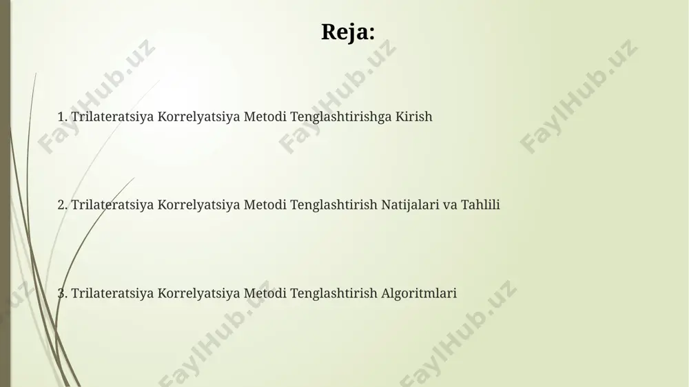 uvni aniqlash tizimlarida keng qo‘llaniladi va kamida 4 ta signal qabul qilgichining sinxronlashtirilgan ishlashini talab qiladi. amaliy qo'llanmalar navigatsiya tizimlarida, masalan, avtonom transport vositalarida, kamida 4 ta bazaviy stansiya signallaridan foydalanib, 10 sm gacha aniqlik bilan real vaqt rejimida pozitsiyani aniqlash mumkin. trilateratsiya korrelyatsiya usuli yordamida 3 ta va undan ortiq sun'iy yo'ldoshdan qabul qilingan signallarni qayta ishlash orqali ob'ektning koordinatalarini aniqlashda 1-2 metrgacha aniqlikka erishiladi. ushbu usul, 10 dan ortiq ob'ektni kuzatishda samarali bo'lib, har bir ob'ekt uchun o'rtacha 0.5 soniyada koordinatalarni aniqlaydi. e'tiboringiz uchun rahmat @taqdimot_robot