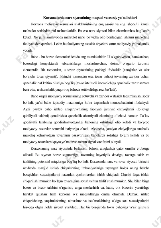 ga talab va taklifning potensial miqdoriga bog`liq bo`ladi. korxonada narx va tovar siyosati birinchi navbatda mavjud ishlab chiqarishning imkoniyatlariga tayangan holda uning barcha bosqichlari xususiyatlarini nazardan qochirmasdan ishlab chiqiladi. chunki faqat ishlab chiqarilishi mumkin bo`lgan tovarnigina sotish uchun taklif etish mumkin. shu bilan birga bozor va bozor talabini o`rganish, unga moslashish va, hatto, o`z bozorini yaratishga harakat qilishsiz ham korxona o`z maqsadlariga erisha olmaydi. demak, ishlab chiqarishning, taqsimlashning, almashuv va iste’molchining o`ziga xos xususiyatlarini hisobga olgan holda siyosat yuritiladi. har bir bosqichda tovar bahosiga ta’sir qiluvchi o`ziga xos omillar harakat qiladi. tovar va xizmatlar bahosida: sarflangan xarajatlar, bahoda aks etgan foyda, talab va taklifning nisbati hisobga olinadi. baholarning turlari va ularni shakllantiruvchi omillar baholar xo`jalik yurgizishning muhim vositasidir. moliyaviy jarayonlarni boshqarish baholarning ko`plab turlaridan foydalanadilar. mahsulot vositachilarga sotilishida ulgurji baholar, shaxsiy iste’molga to`g`ridan-to`g`ri sotilishida chakana baholar qo`llanadi. mahsulotga barqaror talab mavjudligi preyskurant baholardan foydalanishga imkon beradi. bunday vaziyatda xaridorlar bilan …