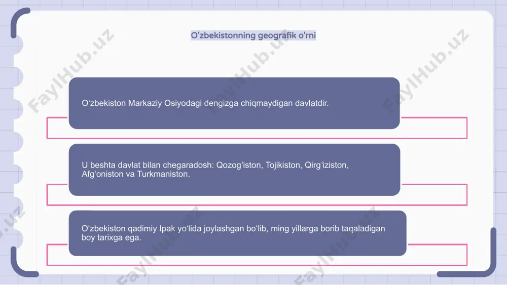 n tarixi boy va rang-barang bo‘lib, qadimiy sivilizatsiya va madaniyatlarni ochib beruvchi arxeologik yodgorliklar mavjud. diqqatga sazovor joylardan biri eramizdan avvalgi vii asrga oid qadimiy samarqand shahridir. yana bir muhim arxeologik yodgorlik bu buxoro oʻzining yaxshi saqlanib qolgan oʻrta asr meʼmorchiligi va tarixiy obidalari bilan mashhur. o‘zbekistonning mashhur tarixiy shaxslari amir temur, temuriylar nomi bilan ham tanilgan, 14-asr bosqinchisi va temuriylar imperiyasining asoschisi. u tarixdagi eng buyuk harbiy taktikalardan biri sanaladi. al-buxoriy mashhur islom olimi va hadislar tuzuvchisi edi. uning “sahih al-buxoriy” nomli hadislar to‘plami islom ta’limotlarining eng sahih va ishonchli manbalaridan biri hisoblanadi. muhammad yusuf xos hojib oʻrta asrlarda oʻrta osiyoning koʻzga koʻringan faylasufi va yozuvchisi. uning eng mashhur asari “qutadg‘u bilig” turkiy tillar adabiyotida asosiy matn sanaladi. 1 2 3 o‘zbekistonning ipak yo‘lidagi o‘rni o‘zbekiston qadim zamonlarga borib taqaladigan boy tarixga ega. u sharq va gʻarb oʻrtasidagi savdo va madaniy almashinuv markazi boʻlib xizmat qilgan ipak yoʻlida muhim …
