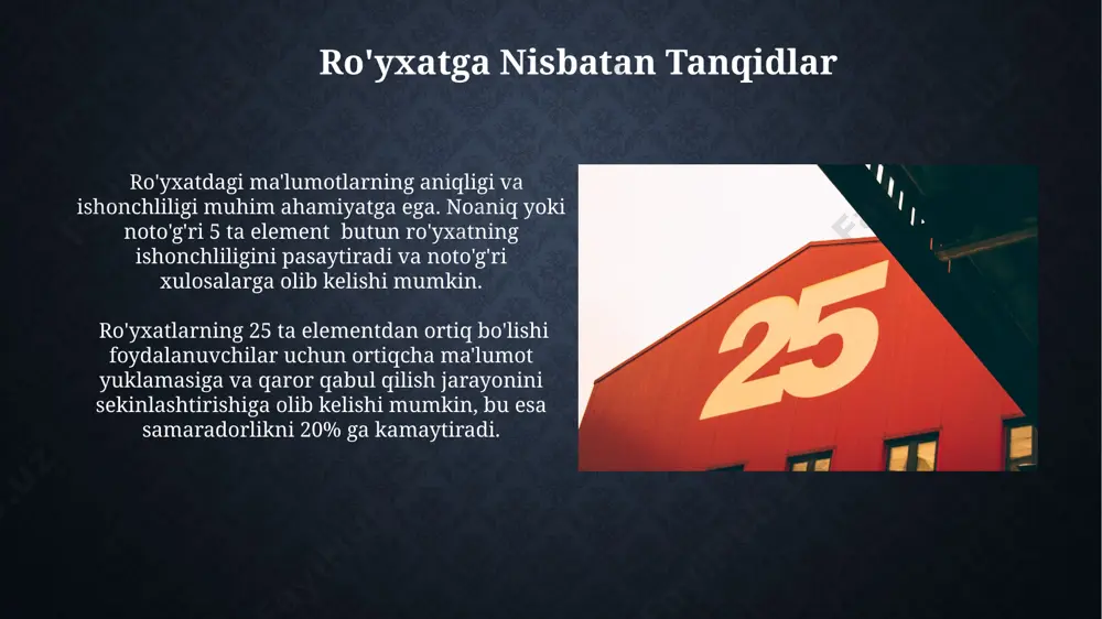asalan, 100.000 ta elementli ro'yxatni 1 soat ichida tahlil qilish mumkin. ro'yxat va jamiyat tadqiqot natijalariga ko'ra, "ro'yxat va jamiyat"da tahlil qilingan 15 ta ijtimoiy jarayonning kamida 7 tasi ro'yxatlarni tuzish va ular bilan ishlash bilan bevosita bog'liq. “ro'yxat va jamiyat” kitobida 25 dan ortiq turli ijtimoiy guruh va ularning o'zaro munosabatlariga oid misollar keltirilgan bo'lib, har bir misol statistik ma'lumotlar bilan qo'llab-quvvatlangan. elementlarning o'zaro bog'liqligi elementlarning davriy jadvaldagi joylashuvi ularning atom raqami va elektron konfiguratsiyasi bilan aniqlanadi, bu esa ularning kimyoviy xossalari va boshqa elementlar bilan o'zaro ta'sirini belgilaydi. masalan, 1-guruhi elementlari yuqori reaktivlikka ega. kovalent bog'lanish, 2 yoki undan ortiq atomning umumiy elektron juftlari orqali hosil bo'ladi, bu esa molekulalarni hosil qiladi va elementlarning xossalarini sezilarli darajada o'zgartiradi. masalan, suv (h₂o)ning xossalari vodorod va kislorodning xossalaridan farq qiladi. ro'yxatning ta'siri ro'yxatlarni tuzishda qo'llaniladigan mnemonik texnikalar, masalan, assotsiatsiya usuli, 25 ta elementni 10 daqiqada muvaffaqiyatli eslab qolish imkoniyatini 3 …