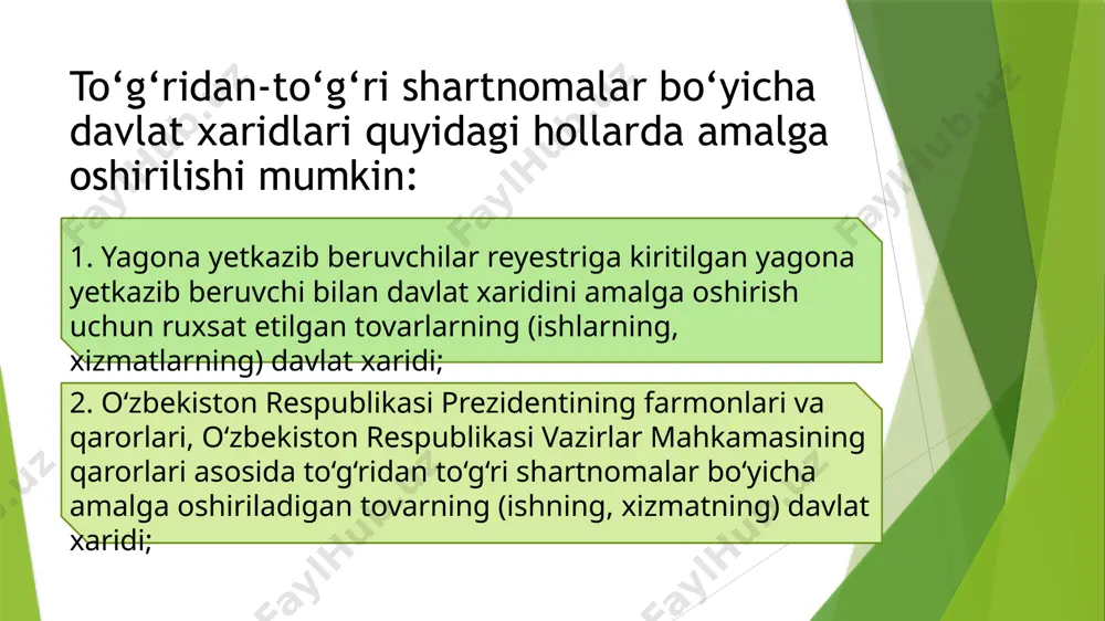 o’tadi. korxona yoki tashkilot yagona yetkazib beruvchilar reestriga kirish imkoniyatiga ega bo‘lishi uchun vakolatli organlarga to‘ldirilgan shaklni ilova qilgan holda yozma ravishda murojaat etishi lozim bo‘ladi. ayni paytda reestrga respublika bo‘yicha o‘zbekiston respublikasida yagona davlat xaridlari yetkazib beruvchisi bo‘lgan 379 ta xususiy va davlat tashkilotlari kiritilgan. bitta yetkazib beruvchidan sotib olish o'zining afzalliklari va kamchiliklariga ega. afzalliklari: ishonchli yetkazib beruvchi bilan shartnoma tuzish; shartnoma tuzish tartibini buzishning minimal xavfi; shartnomani tuzish uchun minimal vaqt va moliyaviy xarajatlar. kamchiliklari: shartnoma narxi pasaytirilmaydi; raqobat yo'q; tovar sifatiga qo'shimcha talablar qo'yish mumkin emas. image1.png image2.png image3.png image4.png /docprops/thumbnail.jpeg
