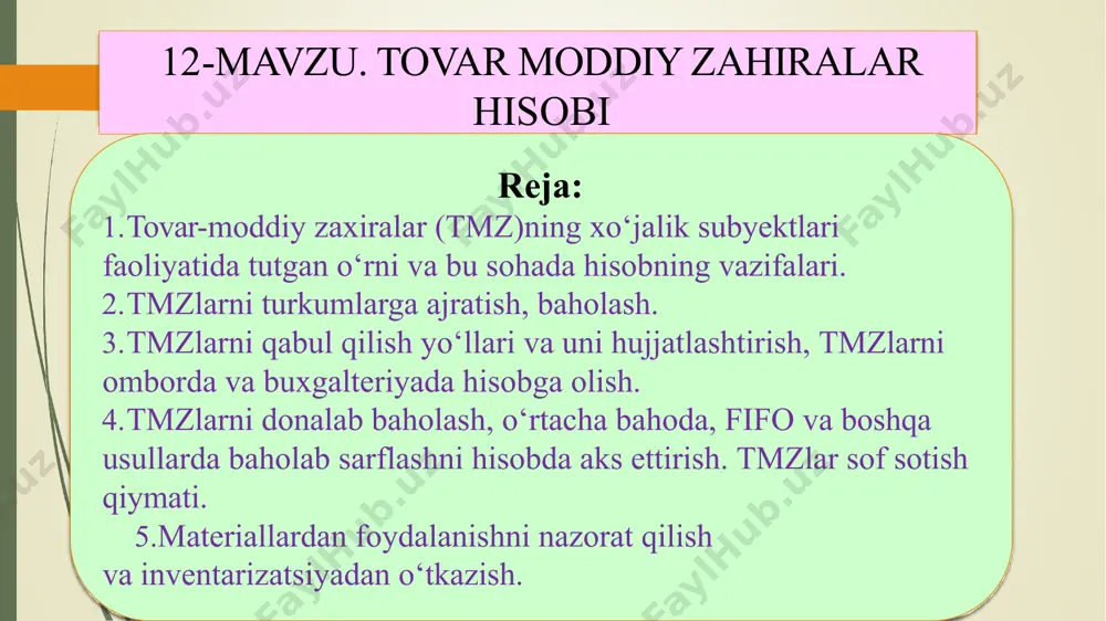 siyatini berishda ishlatiladigan buyumlardir (mashinasozlikda qora metallar, yog‘ochsozlik sanoatida yog‘och) 3 sotib olingan yarim tayyor mahsulotlar ma’lum darajada ishlab chiqarish jarayonidan о‘tgan, biroq pirovard mahsulot darajasiga yetkazilmagan mahsulotlar (stanoksozlikda motorlar, avtomobilsozlikda shinalar) 4 yordamchi materiallar yaratilgan mahsulotni yaratishda mehnat vositalari va ularning tashqi kо‘rinishini yaxshilash uchun sarflanadi (moylash materiallari, bо‘yoq, lak, artish materiallari va x. k.) 5 chiqindilar mahsulot ishlab chiqarishda hosil bо‘lgan qо‘shimcha materiallar (qirindilar, qipiqlar, truba kesiklari va x. k.) 6 idish va idish materiallar mahsulotlarni о‘rash, joylashtirish, tashish va saqlashda ishlatiladigan buyumlar (yog‘och, karton va metall idishlari) 7 ehtiyot qismlar asosiy vositalarning quvvatini oshirishda foydalaniladigan buyumlar (ta’mirlash uchun mashina va asbob-uskunalarning ayrim detallari) 8 inventar va xо‘jalik jihozlari korxona faoliyatida ishlatiladigan xо‘jalik buyumlari (otvertkalar, uskuna, xо‘jalik inventarlari, maxsus kiyimlar va x. k.) 9 boshqa materiallar yuqoridagi guruhlarga kirmaydigan boshqa materiallar (tuzatilmaydigan braklar, metallom) 2. tmzlаrni turkumlаrgа аjrаtish, bаholаsh. 4-sonli «tovar-moddiy zaxiralar» bxms muvofiq, materiallar eng kam bahoda …