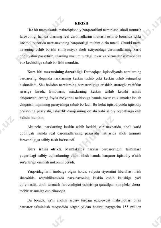 maqsadida, o‘zbekiston respublikasi prezidenti farmoniga muvofiq, ijtimoiy ahamiyatga ega bo‘lgan 820 turdagi dori vositalari va tibbiyot buyumlari ijtimoiy dorixonalar tomonidan ularning sotib olish qiymati yoki ulgurji narxiga 10 foiz cheklangan savdo ustamasi qo‘llanilgan holda amalga oshirilishi belgilab qo‘yildi. shuni aytish joizki, yuqorida tilga olingan kompleks chora-tadbirlar samarasi o‘laroq, joriy yilning 8 oyida inflyatsiya darajasi 6,2 foizni tashkil qildi. (inflyatsiya darajasi 2017-yilning mos davrida - 9,0 foizni tashkil etgan edi.) o‘rtacha narxlar esa, masalan, kartoshka bo‘yicha joriy yilning boshidagi 3 580 so‘mdan avgust oyida 1 400 so‘mgacha, tuxum - 660 so‘mdan 485 so‘mgacha, piyoz - 1 950 so‘mdan 980 so‘mgacha pasaydi. tabiiyki, narxlarning pasayish holati barcha mahsulotlarga birdek ta'sir ko‘rsatgani yo‘q. ayrim turdagi oziq-ovqat mahsulotlari narxining o‘sish holatlari ham kuzatilmoqda. jumladan, joriy yilning 8 oyi davomida mol go‘shtining narxi 20,9 foizga, qo‘y go‘shtining narxi 20,5 foizga hamda guruchning narxi 43,7 foizga o‘sishi kuzatildi. ushbu tovarlar narxlarining barqarorligini ta'minlash maqsadida, tegishli vazirlik …