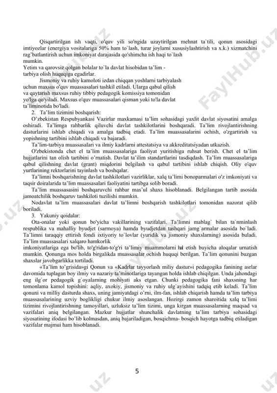 sohasidagi yaxlit davlat siyosatini amalga oshiradi. ta’limga rahbarlik qiluvchi davlat tashkilotlarini boshqaradi. тa’lim rivojlantirishning dasturlarini ishlab chiqadi va amalga tadbiq etadi. ta’lim muassasalarini ochish, o'zgartirish va yopishning tartibini ishlab chiqadi va bajaradi. ta’lim-tarbiya muassasalari va ilmiy kadrlarni attestatsiya va akkreditatsiyadan utkazish. o'zbekistonda chet el ta’lim muassasalariga faoliyat yuritishiga ruhsat berish. chet el ta’lim hujjatlarini tan olish tartibini o’rnatish. davlat ta’ilim standartlarini tasdiqdash. ta’lim muassasalariga qabul qilishning davlat (grant) miqdorini belgilash va qabul tartibini ishlab chiqish. oliy o'quv yurtlarining rektorlarini tayinlash va boshqalar. ta’limni boshqarishning davlat tashkilotlari vazirliklar, xalq ta’limi bonoparmalari o'z imkoniyati va taqsir doiralarida ta’lim muassasalari faoliyatini tartibga solib boradi. ta’lim muassasasini boshqaruvchi rahbar mas’ul shaxs hisoblanadi. belgilangan tartib asosida jamoatchilik boshqaruv tashkiloti tuzilishi mumkin. nodavlat ta’lim muassasalari davlat ta’limni boshqarish tashkilotlari tomonidan nazorat qilib boriladi. 3. yakuniy qoidalar: ota-onalar yoki qonun bo'yicha vakillarining vazifalari. ta’limni mablag` bilan ta`nminlash respublika va mahalliy byudjet (sarmoya) hamda byudjetdan tashqari jamg`armalar asosida …