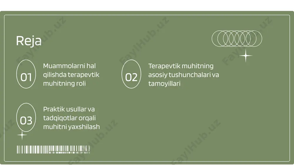 agi samimiy munosabatlar, bu bemorning o'zini erkin his qilishi uchun muhimdir. 2. muvozanat – ruhiy va jismoniy holatlarni birlashtirish, bu stressni kamaytirishga yordam beradi. 3. ishonch – bemorning terapevtga ishonishi, bu jarayonni samarali qiladi. 4. qulaylik – muhitning jismoniy sharoitlari, masalan, yorug'lik va qulay uskunalar. amaliyotda, terapevtlar o'zaro ta'sirni kuchaytirish orqali ishonchni oshiradilar va qulay muhit orqali bemorlar tezda tiklanish jarayonini osonlashtiradilar. photo by brooke cagle on unsplash terapevtik muhitning asosiy tushunchalari terapevtik muhit tushunchasi, bemor va shifokor o'rtasidagi sog'liqni saqlash jarayonini qo'llab-quvvatlash uchun zarur sharoitlarni ifodalaydi. bu muhit, bemorning psixologik va emotsional holatini yaxshilashga yordam beradi, shuningdek, davolash jarayonining samaradorligini oshiradi. ushbu muhitning ahamiyati, bemorning hissiy xavfsizligini ta'minlashda va shifokorlar bilan ochiq muloqotni rivojlantirishda yotadi. terapevtik muhit, bemorning sog'lig'ini qayta tiklash jarayonini tezlashtirishga yordam beradi. terapevtik muhitda ishlatiladigan asosiy prinsiplari: - bemor va shifokor o'rtasida ishonchli muloqot o'rnatish. - har bir bemorga shaxsiy yondashuv va individual davolash rejasi tuzish. …