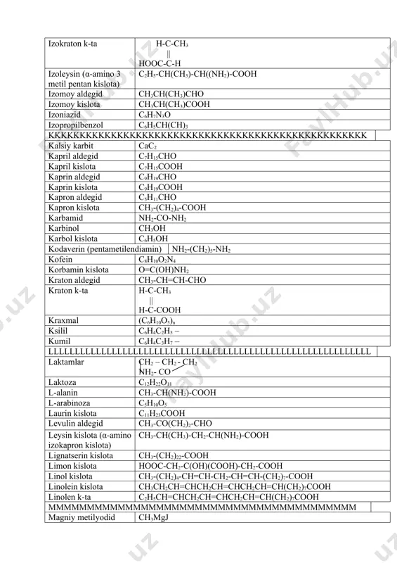 ta hooc-ch2-choh-cooh oppanol poliizobutilaen c4h8 organik shisha [-ch2-c(ch3)-cooch3] o-xlor toluol c6h4ch3cl pppppppppppppppppppppppppppppppppppppppppppppppppppppppppppppppppp palmitin aldegid c15h31cho palmitin kislota c15h31cooh palmiton c15h31-co-c15h31 palmitoolein kislota ch3(ch2)5-ch=ch-(ch2)5-cooh paraform (hcho)n patoka dekstrin bilan glukoza aralashmasi pellargon aldegid c8h17cho pellargon kislota ch3-(ch2)7-cooh pentadekan c15h32 pentakozan c25h52 pentametilbenzol c6h(ch3)5 pentan c5h12 pentanal c4h9cho pentanol-1 сh3ch2ch2ch2ch2oh penten c5h10 pentilenglikol c5h10(oh)2 pentin-1 нс≡с-(сн2)2-сн3 pentin-2 н3с—с≡с—с2н5 pentoza c5h10o5 pikramid c6h2(no2)3nh2 pikrin kislota c6h2oh(no2)3 pimelin k-ta hooc-(ch2)5-cooh piran c5h6o pirazin c4h4n2 piridin c5h5n piridoksal c8h9o2n piridoksamin c8h12o2n2 piridoksin c8h11no2 pirimidin c4h4n2 pirogallol c6h3(oh)3 pirokatexin c6h4(oh)2 pirrol c4h5n pirrolidin c4h9n pirrolin c4h7n p-ksilol c6h4(ch3)2 polibutadiyen [-ch2-ch=ch-ch2-] poliizopren [-ch2-ch=c(ch3)=ch2 prenitol 1,2,3,4-(ch3)4c6h2 probka k-ta hooc-(ch2)6-cooh propan c3h8 propanal c2h5cho propanol-1 ch3-ch2-ch2oh propanol-2 ch3-ch(ch3)oh propanol-2 kislota ch3-choh-cooh propantriol-1,2,3 ch2oh-choh-ch2oh propen ch2 = ch – ch3 propil spirti c3h7oh propilamin c3h7-nh2 propilbenzol с6h5c3h7 propilenglikol c3h6(oh)2 propin hc ≡ c – ch3 propion aldegid c2h5cho propion kislota c2h5cooh purin c4h4n4 putressin (tetrametilendiamin) nh2-(ch2)4-nh2 qqqqqqqqqqqqqqqqqqqqqqqqqqqqqqqqqqqqqqqqqqqqqqqqqqq qaxrabo kislota hooc-(ch2)2-cooh …