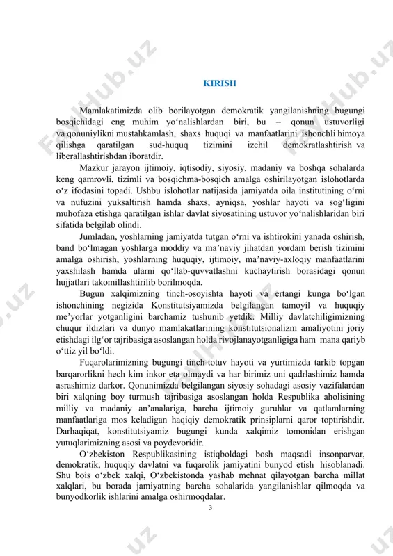ar va qatlamlarning manfaatlariga mos keladigan haqiqiy demokratik prinsiplarni qaror toptirishdir. darhaqiqat, konstitutsiyamiz bugungi kunda xalqimiz tomonidan erishgan yutuqlarimizning asosi va poydevoridir. o‘zbekiston respublikasining istiqboldagi bosh maqsadi insonparvar, demokratik, huquqiy davlatni va fuqarolik jamiyatini bunyod etish hisoblanadi. shu bois o‘zbek xalqi, o‘zbekistonda yashab mehnat qilayotgan barcha millat xalqlari, bu borada jamiyatning barcha sohalarida yangilanishlar qilmoqda va bunyodkorlik ishlarini amalga oshirmoqdalar. 2 davlat umumta’lim maktablarida 2024/2025-o‘quv yilining dastlabki kunida o‘tkaziladigan “mustaqillik darsi”dan o‘rin olgan mavzular boshlang’ich sinflar t/r mavzular nomi o‘quv soati 1. o‘zbekiston – mening vatanim 1 2. do‘stlik, birodarlik va hamkorlik – insoniy qadriyat 1 jami: 2 1. “o‘zbekiston – mening vatanim”4 ushbu mavzu doirasida “vatan” tushunchasi sharhlanadi, o‘quvchilarning vatan haqidagi tasavvurlari boyitiladi, shuningdek, o‘zbekiston respublikasi davlat mustaqilligining qo‘lga kiritilishi jarayoni qisqa va sodda tilda taqdimot orqali tushuntirib beriladi. o‘zbekiston davlatining prezidenti, ramzlari va timsollariga oid tushunchalar beriladi, davlat madhiyasi, gerbi va bayrog‘ining qabul qilish tarixi, ularning timsoliy ahamiyatiga …
