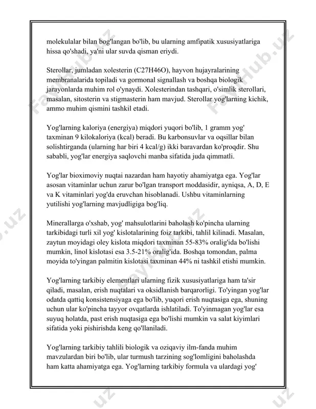 moddalardan foydalangan holda. 3. **filtrlash**: yog' tarkibidagi qattiq zarrachalar mexanik filtrlash orqali olib tashlanadi. bu usul yog'lardan oz miqdordagi aralashmalarni ajratish uchun ishlatiladi. 4. **parlanish va hidronizatsiya**: uzoqroq qaynashda yog'largiga kiruvchi vositalar bug'lash va hidronizatsiya yordamida ajratib olinadi. bu usul ko'proq sanoat miqyosida ishlatiladi. 5. **kristallizatsiya va fraktsiya ajratish**: ayniqsa, kakao va palma yog'lari kabi mahsulotlarda ma'lum fraktsiyalar, masalan, uglerod zanjirlarining turli xil qismlari, maqsadli ajratiladi. 6. **biologik toliq-tozalash**: bu jarayon biologik vositalar yordamida olib boriladi, bunda mikroorganizmlar va fermentlar vositasida yog'larning tozalanishi olib boriladi. zamonaviy bio-rafinirovka usullarida bu ko'proq ekologik toza usul ko'rib chiqiladi. yuqoridagi usullar har bir turdagi yog' uchun ularning xossalariga qarab turli kombinatsiyalarda qo'llanilishi mumkin. har bir usulning afzalliklari va cheklovlari mavjud. foydalanish maqsadiga qarab, yog'larni qayta ishlash nafaqat ularni kundalik hayotda ishlatish, balki oziq-ovqat, kosmetika, farmatsevtika va boshqa ko'plab sanoatlarda foydalanish imkoniyatlarini kengaytiradi. yog'larni ajratish va tozalashning samarali usullarini qo'llash esa ulardan olinayotgan mahsulotlarning sifatini …