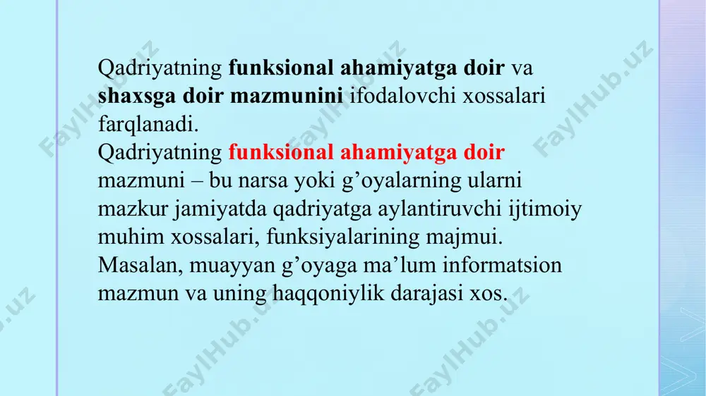 bilan ayniylashtirish mumkin emas. aytaylik, rang o’zi tegishli bo’lgan predmetlardan qat‘iy nazar mavjud bo’lishi mumkin bo’lganidek, qadriyatlar ham (go’zallik, ezgulik, fojeaviylik) o’zlari tavsiflovchi narsalardan qat‘iy nazar idrok etilishi mumkin. 3. aksiologik transsendentalizm (vilgelm vindelband, genrix rikkert) qadriyatlarni ob‘ektiv borliq sifatida emas, inson ehtiyojlari va mayllariga bog’liq bo’lmagan ideal borliq sifatida tushunadi. bunday qadriyatlar qatoriga mustaqil mazmun kasb etadigan va ideal me’yorlar tarzida mavjud bo’lgan qadriyatlar – haqiqat, yaxshilik, adolat, go’zallik kiradi. shunday qilib, mazkur konsepsiyada qadriyat borliq emas, balki manbai muayyan transsendental, ya‘ni g’ayrioddiy ong sanalgan idealdir. 4. madaniy-tarixiy relyativizm. aksiologiyaning bu yo’nalishi asoschisi vilgelm diltey bo’lgan. uning ta‘limoti zamirida aksiologik plyuralizm g’oyasi yotadi. aksiologik plyuralizm deganda deltey tarixiy metod yordamida farqlanuvchi va tahlil qilinuvchi teng huquqli qadriyatlar tizimlarining ko’p sonliligini tushungan. mohiyat e‘tibori bilan bu yondashuv real madaniy-tarixiy kontekstni mavhumlashtirib, qadriyatlarning birdan-bir to’g’ri, mutlaq konsepsiyasini yaratish yo’lidagi urinishlarni tanqid tig’i ostiga olgan. 5. qadriyatlarning sotsiologik konsepsiyasi. bu konsepsiyaning asoschisi …