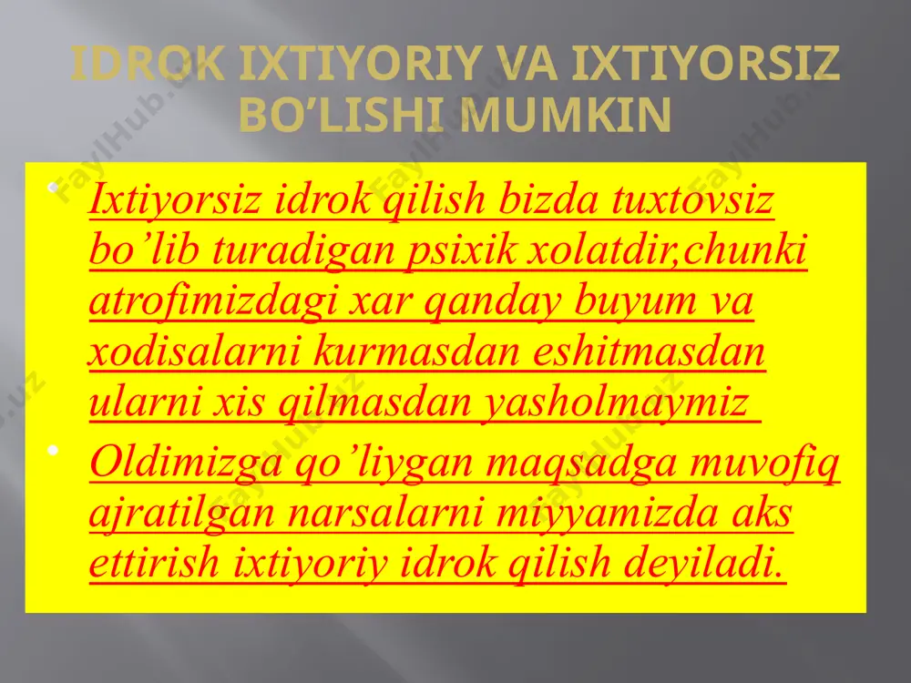 атади ёки сусайтиради. апперцепция юқорида баён қилинганлардан маълумки, одамнинг таж­рибаси, билими, хаёл ва тафаккурининг фаолияти, ҳиссиёт ва диққати, умуман одам психикасининг ҳамма мазмуни идрокида намоён бўлади. бу психик ҳаётнинг идрокда акс этувчи ва идрокка таъсир кўрсатувчи мазмунини апперцепция деб аталади. апперцепцияларнинг нерв-физиологик механизми, афтидан, ўтмишдаги тажрибадан ҳосил бўлган боғланишлар системасидан ва уларнинг янги ҳосил бўлаётган муваққат боғланишларга таъсир кўрсатишидан иборат бўлса керак одамнинг ақлли қанчалик етук, муайян соҳага оид тасаввури, фикри, тажрибаси, билими қанчалик бой бўлса, унинг шу соҳада идроки ҳам шунчалик мураккаб, чуқур ва сермазмун бўлади. бу ҳусусиятлар моддий буюмларни идрок қилишдаёқ намоён бўлади. масалан, биронта янги машинани тегишли ихтисоси бўлмаган киши томонидан идрок қилиниши, ихтисоси бор одамнинг идрокига қараганда, мазмунан торроқ, ва юзаки бўлади. vaqtni idrok qilish biz vaқtni ҳozirgi zamon (ҳozirgi payt) va undan kelgusiga borayotgan real narsadek idrok қilamiz, uni tasavvur қilamiz va fikrlaymiz. shuning uchun ҳam o’tmish, va xoznrgi zamon va kelgusi ma’nosida olingan tushunchalar …