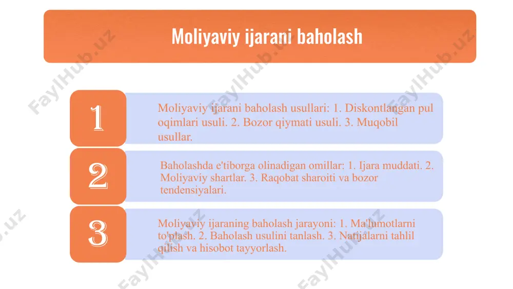 shqarish imkonini beradi. moliyaviy ijaraning risklari biroq, moliyaviy ijaralar ba'zi xavf-xatarlarni ham keltirib chiqarishi mumkin, masalan, o'z vaqtida to'lovlar. ijaraga oluvchi uchun afzalliklar ijaraga oluvchi uchun moliyaviy ijaralar likvidlikni oshiradi va kapitalni tejashga yordam beradi. moliyaviy ijaraning iqtisodiy ta'siri moliyaviy ijaralar iqtisodiy o'sishga ijobiy ta'sir ko'rsatadi, raqobatbardoshlikni oshiradi. operatsion ijaraning afzalliklari: ijaraga oluvchi uchun afzalliklar: 1. quvvatli texnologiyalarga kirish: bu ijarani tanlash orqali zamonaviy uskunalardan foydalanish imkoniyati. 2. moliyaviy yukni kamaytirish: kamroq investitsiya va likvidlikni oshirish. 3. sifatli xizmatlar: yuqori sifatli uskunalar va xizmatlarga oson kirish. xulosa moliyaviy ijara va operatsion ijara o'rtasidagi farqlar: moliyaviy ijara aktivning egasini hisobga oladi, operatsion ijara esa foydalanishni ta'minlaydi. ijara hisobga olishning moliyaviy afzalliklari: balansda aktivlar ko'payadi, strategik afzalliklar: moliyaviy resurslarni tejash, operatsion afzalliklar: xarajatlarni boshqarish. ijara turlari va ularning farqlari ijara hisobga olishi afzalliklari foydalanilgan adabiyotlar 1. muminov, o. m. ijara turlari va ularning hisobotda aks ettirilishi. tashkent economic university press, 2022. 2. …