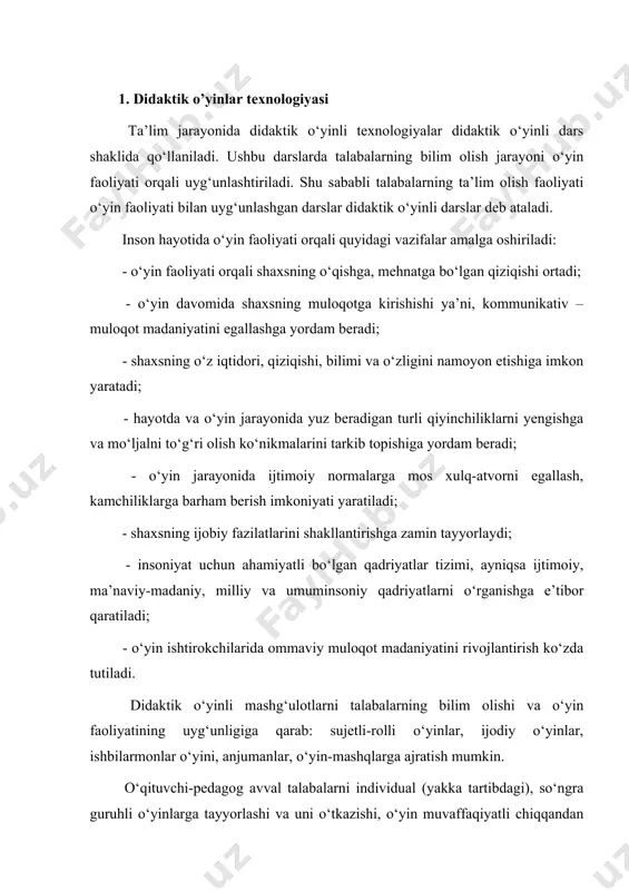 rga tayyorlashi lozim. chunki talabalar didaktik o‘yinli mashg‘ulotlarda faol ishtirok etishlari uchun zaruriy bilim, ko‘nikma va malakalarga ega bo‘lishlari, guruh jamoasi o‘rtasida hamkorlik hamda o‘zaro yordam vujudga kelishi lozim. didaktik o‘yin texnologiyasi didaktik o‘yinli dars va uning turlari didaktik o‘yinli mashg‘ulotlarning o‘ziga xos xususiyatlari didaktik o‘yinli mashg‘ulotlar mavzu mazmuniga ko‘ra mazkur mashg‘ulotdan foydalanish mashg‘ulotlarning didaktik funksiyalari talabaning faoliyati sujetli-rolli fanning turli sohalarida qo‘lga kiritilgan yutuqlarni yoritish, fanlararo bog‘lanishlarni amalga oshirish, tabiatdagi va kundalik hayotdagi muammo-larni hal etish imkoniyati bo‘lganda kundalik hayotdagi ijtimoiy munosabatlarni, tabiat obyektlari va tabiiy hodisalar o‘rtasidagi aloqalar va bog‘lanishlarni adabiy-badiiy tarzda yoritish muayyan rollarni bajarish orqali bilim va ko‘nikmalarni egallash ijodiy o‘yin avval o‘zlashtirilgan bilim va ko‘nikmalarni rivojlantirish imkoniyati bo‘lganda muammoli vaziyatlarni avval o‘zlashtirilgan bilim va ko‘nikmalarni ijodiy qo‘llash orqali hal etish ijodiy izlanish orqali yangi mavzuni o‘zlash-tiradi ishbilarmonlar o‘yini auksion turli obyektlarga tavsif berish, ularni taqqoslash imkoniyati bo‘lganda jamiyatdagi ijtimoiy-iqtisodiy munosabatlar asosida talabalar dunyoqarashini kengaytirish, kasbga …