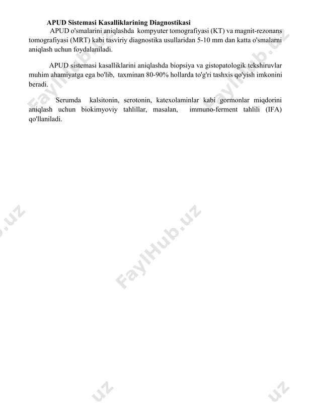 a gistopatologik tekshiruvlar muhim ahamiyatga ega bo'lib, taxminan 80-90% hollarda to'g'ri tashxis qo'yish imkonini beradi. serumda kalsitonin, serotonin, katexolaminlar kabi gormonlar miqdorini aniqlash uchun biokimyoviy tahlillar, masalan, immuno-ferment tahlili (ifa) qo'llaniladi. 📌xulosa tarqalgan endokrin sistema va apud sistema hujayralari organizmning turli organlarida gormonlar ishlab chiqarish va ularning faoliyatini muvofiqlashtirishda muhim rol o'ynaydi, bu esa gomeostazni saqlashga yordam beradi. 📚foydalanilgan adabiyotlar 1. pearse age. the apud cell concept and its implications in pathology. pathol annu. 1969;4:27-62. 2. solcia e, capella c, vassallo g. the apud cells and their classification. histochem j. 1975;7(4):419-432. 3. amenta f, bucciarelli e