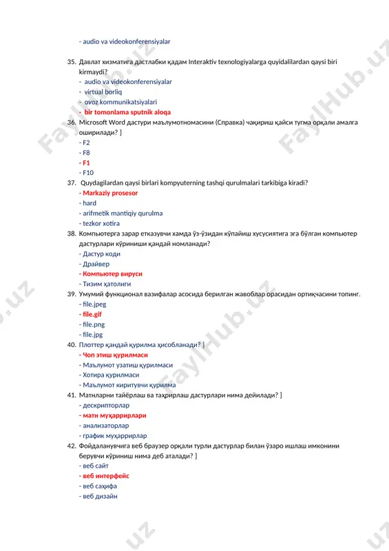 sh qaysi bo`limda joylashgan? - ссылка - главная - вставка – вид 45. elektron pochta xabarlarini yaratish, o‘qish va javob qaytarish vazifalarini elektron pochta xizmatining qaysi komponenti ta’minlab beradi? - elektron pochta protokoli - elektron pochta serveri - elektron pochta qutisi - elektron pochta kliyenti 46. har bir yachеyka qanday ko‘rinishdagi axborotni o‘z ichiga olishi mumkin? ] - matnli, formulalar, sonli, grafik - sonli, matnli, formulalarni - matnli, grafik, sonli - sonli, grafik, formulalarni 47. office amaliy dasturiy ta'minot o‘z ichiga nimalarni oladi? - mantiqiy amallar va elementlarni - mantiqiy amallarni - idora faoliyatini tashkiliy boshqarishni ta'minlovchi dasturlarni o‘z ichiga oladi - mantiqiy elementlarni 48. microsoft excel jadvallarida satr tartib raqamiga (satr nomiga) sichqoncha ko‘rsatkichi bilan bosilsa nima sodir bo‘lad? - satr to‘liq belgilanadi - satr faollashadi - satrning ekranda ko‘ringan qismi belgilanadi - kursor tanlangan starga o‘rnatiladi 49. qanday model o‘qitish jarayonida ishlatiladi? - ilmiy-tadqiqot modellari - tajriba modellari …