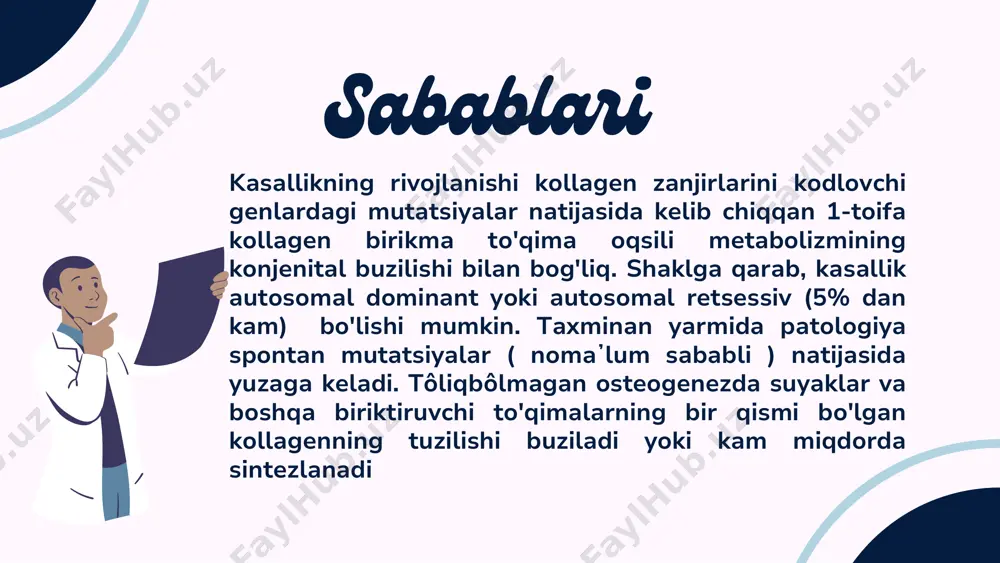 mahsulotlarga multivitaminlar, d vitamini, kaltsiy va fosfor preparatlari kiradi. kollagen sintezini rag'batlantirish uchun davolash kursi tugagandan so'ng somatotropin buyuriladi, bunda suyak to'qimasini mineralizatsiya qiluvchi stimulyatorlarni (qoramol qalqonsimon bezlari ekstrakti, xolekalsiferol) qabul qilish ko'rsatiladi. suyak to'qimasini tiklovchi bifosfonatlarni qo'llash orqali kasalikni kompleks davolashda yaxshi natijalarga erishildi. davolash singan bo'lsa, suyak bo'laklarini repozitsiya qilish va gipsni immobilizatsiya qilish kerak . jiddiy suyak deformatsiyalari bo'lsa, jarrohlik davolash ko'rsatiladi - intramedullar yoki ekstramedullar osteosintez bilan tuzatuvchi osteotomiya . kasallik bilan og'rigan bolalarni reabilitatsiya qilish bir guruh mutaxassislar tomonidan amalga oshiriladi: pediatr, bolalar ortopedi , fizioterapevt, fizioterapevt, bolalar psixologi va boshqalar. bolalarga maxsus ortopedik poyabzal, ortezlar, insoles, korsetlar kiyish kerak bo'lishi mumkin davolash davolash e'tiboringiz uchun rahmat!!!