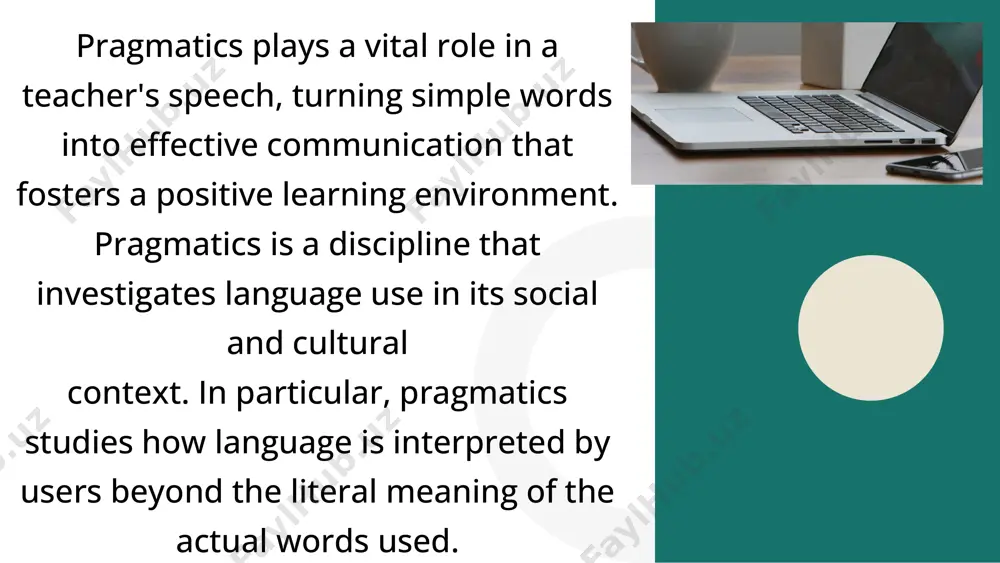 n." (clear steps and expectations) 4. building rapport informal language and greetings connect with students on a personal level. example: starting a lesson: less pragmatic: "today, we will be learning about the human body." more pragmatic: "hey everyone! did you know your body is a fascinating machine? today, we'll explore how it works!" (friendly tone creates a welcoming atmosphere) 5. addressing misunderstandings recognizing nonverbal cues or student responses helps the teacher clarify their message. example: a student looks confused after an explanation. teacher (pragmatic): "does anyone have any questions about photosynthesis? sarah, you seem a bit puzzled. can you tell me what part you're unsure about?" (checks for understanding and adapts explanation) these are just a few examples, but they showcase how pragmatics equips teachers to: simplify complex concepts for different age groups. motivate and encourage students in a positive way. maintain classroom order with clear instructions. build a positive …