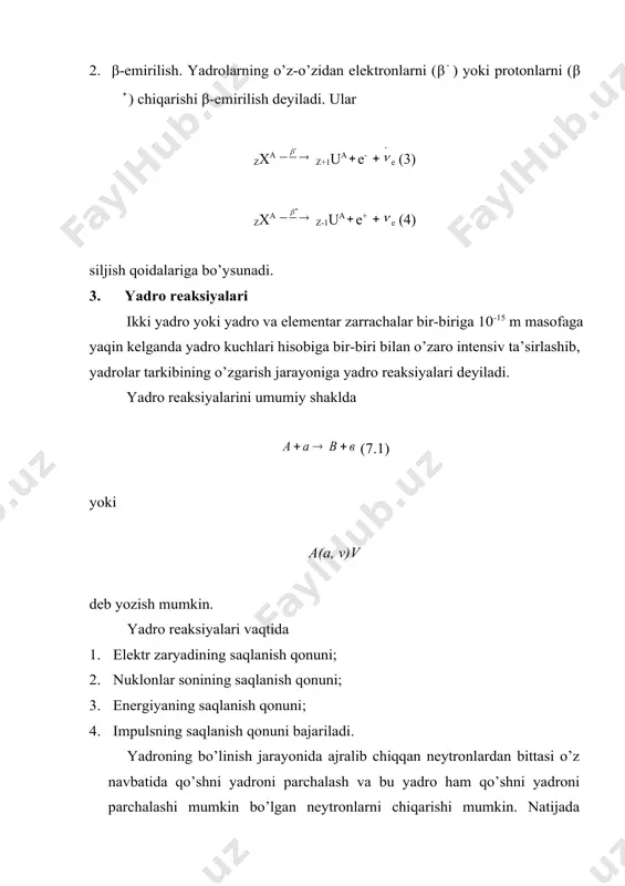 rish zarur. nurlanish dozasini dozimetr deb ataluvchi asboblarda o’lchanadi. u yadroviy zarralarni qayd qiluvchi asbobdir. muhit orqali o’tgan zarralar energiyasini ularni o’lchash va qayd qilish uchun qulay bo’lgan boshqa turdagi energiyaga aylantirib beruvchi qurilmalarga elementar zaralarni kuzatish va qayd qilish qurilmalari deyiladi. zarra muhit orqali o’tganda ro’y berishi mumkin bo’lgan jarayonlar turiga qarab detektorlar ionizatsion, radiolyuminessent, kimyoviy, zaryadli, radionuqsonli detektorlarga bo’linadi. bulardan tashqari ionizatsion kamera, proporsional sanagich, geyger-myuller sanagichi, yarim o’tkazgichli detektorlar, vilson kamerasi, pufakli kameralarda va qalin qatlamli fotoemulsiya usullari bilan ham zarralar va yadrolar orasida kuzatiladigan ajoyib rreaksiyalarni ham kuzatish mumkin. atom yadrosining ichki xossalarini o’rganishning yagona yo’li, bu yadroning elementar zarralar va elementar bo’lmagan zaralar bilan to’qnashuvini kuzatishdan iborat. bunda zarralar katta kinetik energiyalarga ega bo’lishlari zarur. bunday energiyali zaralar radioaktiv yemirilish vaqtida hosil bo’lmaydi. shuning uchun bunday energiyali zarralar oqimini hosil qilish uchun maxsus qurilmalardan foydalaniladi. juda katta energiyali zarrachalarni yuzaga keltiruvchi qurilmalarga tezlatgichlar deyiladi. har …