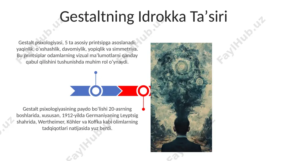 atida qabul qilishga moyil boʻlib, bu yopiqlik printsipi, berlin maktabining ta'siri bilan shakllangan. yopiqlik prinsipi shakl-fon munosabatlari gestalt psixologiyaning shakl-fon munosabatlari tushunchasi 1920-yillarda germaniyada, wertheimer, köhler va koffka kabi olimlar tomonidan ishlab chiqilgan bo'lib, idrok jarayonlarini tushunishda muhim ahamiyat kasb etdi. shakl-fon munosabatlarini o'rganishda, 2-jahon urushidan keyin, psixologlar rasmdagi 5 ta asosiy shaklni ajratish orqali figuralar va fon o'rtasidagi munosabatlarni aniqlashga harakat qilishdi. muvozanat prinsipi muvozanat printsipi, gestalt psixologiyasining asosiy tamoyillaridan biri bo'lib, 3 asosiy qonun – yaqinlik, o'xshashlik va yaxlitlik – orqali vizual idrokni tushuntirishga harakat qiladi. gestalt psixologiyaning muvozanat printsipi 1920-yillarda, asosan germaniyaning berlin va vena shaharlaridagi olimlar tomonidan, vizual va idrok qilish jarayonlarini tushunishga qaratilgan tadqiqotlar orqali shakllangan. gestalt va sanʼat gestalt printsiplari, 20-asrning boshlarida germaniyada paydo bo‘lib, 1920-yillarda rassomlarning, xususan bauhaus maktabining asarlarida ko‘zga tashlanadigan kompozitsiyalarni yaratishda muhim rol o‘ynadi. 1920-yillardagi berlin kabi shaharlardagi ko‘cha san'ati va reklama dizaynida gestalt qoidalari, masalan, simmetriya va proksimal printsiplar, …