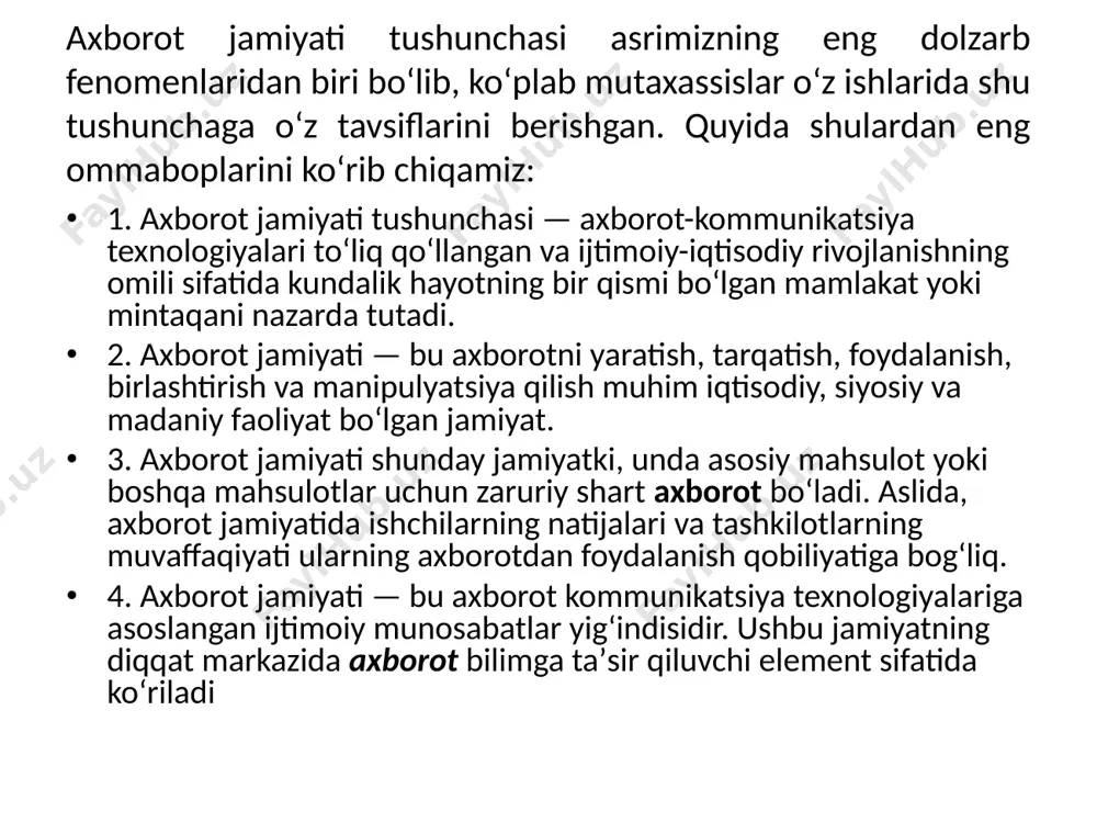 ravarga, 1970-yildan boshlab, har 5 yilda , xx asr oxiridan boshlab har yili 2 baravarga ortib bormoqda oav nima "ommaviy axborot vositalari zamonaviy jamiyatning eng muhim institutlaridan biri bo'lib, turli funktsiyalarni bajaradi va jamiyatning deyarli barcha sohalari va institutlariga, jumladan siyosat, sog'liqni saqlash, ta'lim va dinga ta'sir qiladi“ “ommaviy axborot vositalari ommaviy auditoriyaga va axborot jamiyatida hokimiyat va fuqarolar o'rtasida asosiy vositachi rolini o'ynaydigan axborotni tarqatishning ommaviy vositasidir. "ommaviy axborot vositalari aloqani ta'minlovchi texnik vositadir“ “ommaviy axborot vositalari - bu maxsus texnik vositalardan foydalangan holda har qanday shaxsga turli xil ma'lumotlarni ochiq, ommaga etkazish uchun yaratilgan muassasalar. oav nima ommaviy axborot vositalari (oav) - bu davlat tomonidan cheklanmagan miqdordagi aholini mamlakatda va dunyoda sodir bo'layotgan voqealar to'g'risida o'z vaqtida xabardor qilish uchun taqdim etiladigan axborotni tarqatish kanallari majmui. internet (bloglar, ijtimoiy tarmoqlar, veb-saytlar) bosma nashrlar (gazetalar, jurnallar, kitoblar) radio (jonli efir, yangiliklar)televizor (televidenie ko'rsatuvlari, reklama) videolar (badiiy va hujjatli filmlar) …