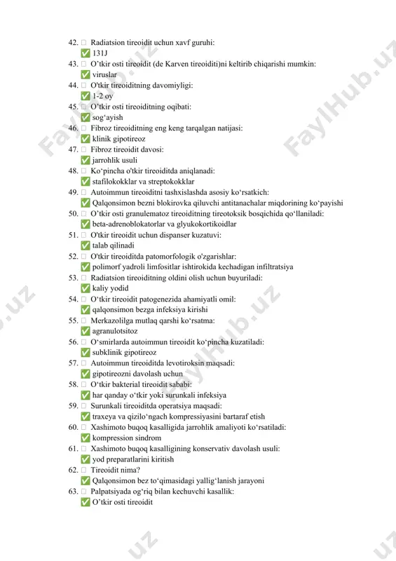 ? diabetes inspipidus diabetes anmellitis diabetes renalis diabetes mellitus 236 quyidagi dorilar retseptorlarning antidiuretik gormonga sezuvchanligini oshirishi mumkin: diklotiazid, xlorpropamid veroshpiron, eufillin biguanidlar kortizon, gidrokortizon 237 suvsizlanish belgilari ? tashnalik terining namligi bradikardiya arterial gipertenziya 238 diabetik nefropatiyada proteinuriya bosqichiga xos bo'lmagan simptomni ko'rsating? massiv shish sindromi yuqori proteinuriya glomerulyar filtratsiya tezligining oshishi arterial gipertenziya 239 relizing gormonlari qayerda ishlab chiqariladi? gipofiz bezida timusda gipotalamusda buyrak usti bezlarida 240 insulin sintezi va sekretsiyasi qanday yo'l bilan tartibga solinadi? gormonal endokrin metabolik neyrokrin 241 quyidagi dorilarning qaysi biri mineralokortikoidlar guruhiga kiradi? kortizon asetat prednizolon kortineff medrol 242 akromegaliyaga xos bo’lgan: qonda stgning oshishi glyukoneogenezning kamayishi oqsil sintezining susayishi ichki organlarning qisqarishi 243 kimyoviy tuzilishiga ko'ra qaysi gormon steroidlarga kiradi? kortizol insulin prolaktin vazopressin 244 gipofizga tegishli bo’lmagan gormon: kortizol triiodotironin insulin estrol 245 qaysi gormon adenohipofiz tomonidan ishlab chiqarilmaydi? fsg. aktg ttg oksitotsin 246 akromegaliyaning eng xarakterli belgisi: yuz xususiyatlarining qo'pollashishi …