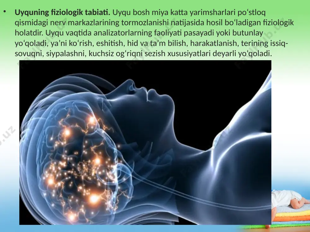 nish holati yuzaga kelishi bilan xarakterlanadi. uyqu kasalliklariga oyparast (lunatik), letargiya uyqusi va uyqusizlik kiradi. oyparast kasalligida odam tungi uyqu vaqtida kechasi o‘rnidan turib uydagi buyumlarni yig‘ishtiradi, o‘rnini o‘zgartiradi, derazani ochadi, hovliga chiqadi, ba’zilari esa devorga chiqadi, hatto ko‘chaga chiqib ketib, yana qaytib kelib o‘rniga yotadi va uyquni davom ettiradi. ertasi kuni hech narsani eslay olmaydi. letargiya uyqusi — bu kasallik holati bo‘lib, odamda to‘satdan yuzaga keladi. odam chuqur uyquga ketadi. uning nafas olishi va yurak urishi sekinlashib, hatto sezilmaydigan darajada bo‘ladi. uyqusizlik — tungi uyquning buzilishi, ya’ni uzoq vaqt uxlay olmaslik, bevaqt uyg‘onish, tun davomida tez-tez uyg‘onish va nihoyat, tungi uyquning butunlay yo‘qolishi. buning sabablari: bosh miyaning shikastlanishi oqibatlari, aqliy mehnatdan zo‘riqish tufayli sodir bo‘ladigan nevroz kasalligi, nerv sistemasining kimyoviy moddalar (spirtli ichimliklar, nikotin, dori moddalar va boshqalar) bilan zaharlanishi, o‘ta hayajonlanish, iztirob chekish, uzoq muddat davomida kun tartibining buzilishi kabilar. uyqusizlikning oldini olish uchun avvalo odam kun tartibiga …