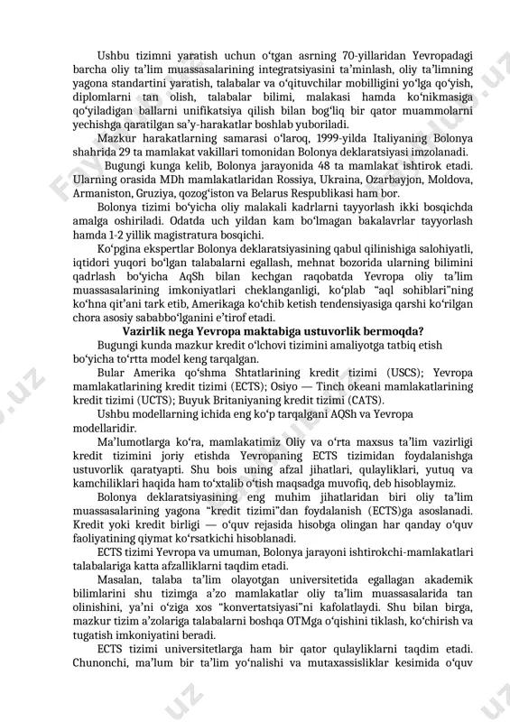 , balki professor-oʻqituvchilarni ham tanlash erkinligi beriladi. talabalarga fanlarni tanlash imkoniyatining berilishi ijobiy hol sanaladi. bu oʻquv jarayonlarini baholashning oʻziga xos qiymat koʻrsatkichi boʻlib ham hisoblanadi. tarix va sabab kredit ilk marotaba xviii va xix asrlarda aqsh universitetlarida joriy etilgan boʻlib, oʻquv jarayonlarini liberalizatsiya qilish, talabaning haftalik akademik yuklamasini belgilab berish maqsadida yaratilgan. 1869-yilda garvard universiteti prezidenti, amerika taʼlimining taniqli arbobi charlz uilyam eliot “kredit soati” tushunchasini isteʼmolga kiritadi. shunday qilib, 1870 — 1880-yillarda kredit soatlari bilan oʻlchanadigan tizim joriy qilinadi. kredit tizimi bilan oʻqish va oʻquv dasturlarini oʻzlashtirish talabalarga oʻquv jarayonini mustaqil ravishda rejalashtirish, uning sifatini nazorat qilish, taʼlim texnologiyalarini ​takomillashtirish uchun imkoniyat yaratib berdi. kredit toʻplash oʻlchovining kiritilishi talabaga katta erkinlik berish bilan bir qatorda, kelajakda tanlagan sohasining raqobatbardosh mutaxassisi boʻlib yetishishi uchun akademik jarayonni mustaqil rejalashtirish imkonini ham taqdim etdi. ayni chogʻda, baholash tizimi va taʼlim texnologiyalarining takomillashishiga ham olib keldi. bolonya deklaratsiyasida koʻzda tutilganidek, kredit-modul tizimi …