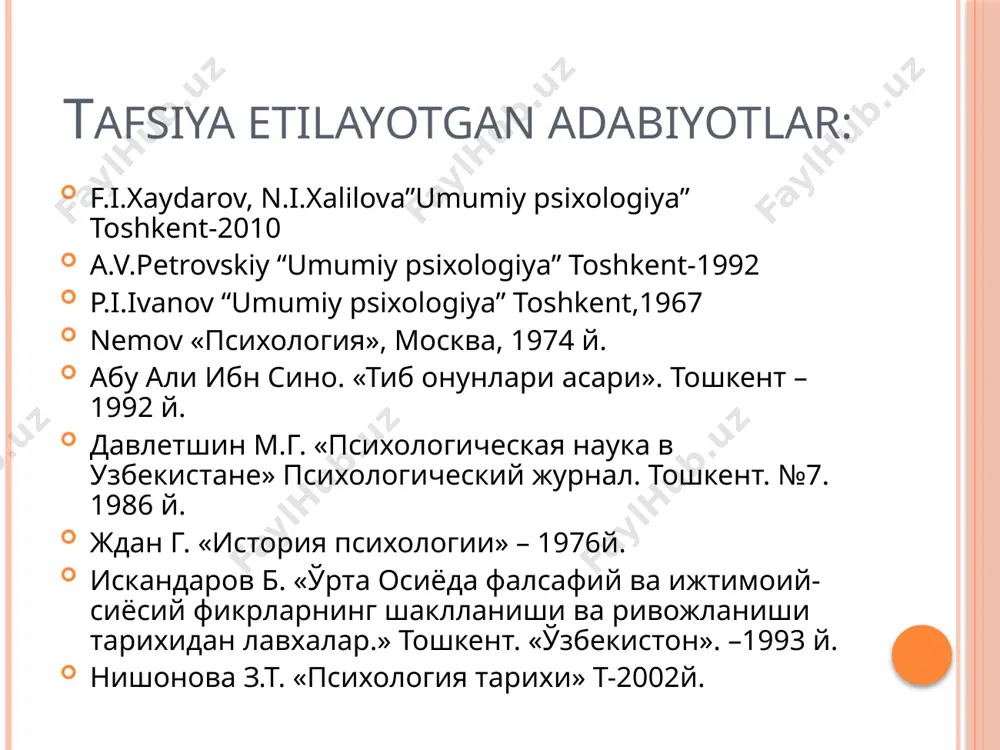 atlar: xotira – tasavvur xayol his-tuyg’u nutq mantiqiy fikrlash abu rayhon beruniy inson hayvonlardan aql bilan farq qiladi; azaldan xudo shunday yaratgan deydi; insonning jismoniy tuzilishi va butun hayotini aniqlashda geografik omillarning roli haqida tuproq, suv, havo va yerning, hatto tillarning turlichaligi geografik sharoitlarga bog’liq deb qaraydi. abu ali ibn sino “tib qonunlari” asarida inson fiziologiyasi va psixologiyasi asosida talqin qiladi. sezgini tashqi va ichki sezgiga ajratadi. miyyani barcha sezgilardan boruvchi nervlar markazi, umuman inson nerv sistemasining markazi ekanligi va miyya insonni boshqarib turuvchi markazligini takidlaydi. psixologiya tarixida eng birinchi eksperimental psixologik labaratoriya 1879-yili germaniyaning leypsig universitetida nemis psixologi va fiziologi vilgelm vundt (1832-1920) tomonidan asos solingan psixologiya mustaqil fan sifatida xix asrning 60-yillarida falsafadan ajralib chiqdi o’zbekistonlik psixolog olimlar: ivanov platon ivanovich; muhammad davletshin; ergash g’oziyev; g’ayrat shoumarov; vasila karimova; zamira nishonova…. psixologiyaning fanlar tizimida tutgan o’rni. kibernetika – inson shaxsini o’z-o’zini bosharish jarayonlarini o’rganadi. sotsiologiya – ijtimoiy psixologiyaga …