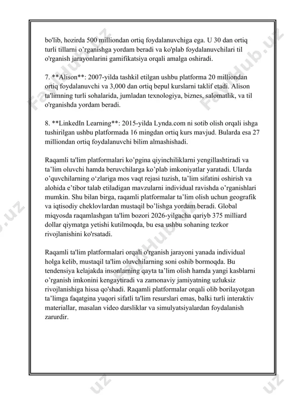virtual hamkorlikdagi qiyinchiliklar shular jumlasidandir. harvard universitetining 2021-yilgi tadqiqotiga ko'ra, talabalarning 68 foizi onlayn ta'limda o'z-o'zini motivatsiya qilishda qiyinchiliklarga duch kelishlarini bildirgan. aksariyat mamlakatlarda onlayn ta'lim sifatini oshirish uchun davlat va xususiy sektor o'rtasida hamkorlik qilib, infratuzilmalarni rivojlantirish, mualliflik huquqlarini himoya qilish va texnologik innovatsiyalarni joriy etishga qaratilgan loyihalar amalga oshirilmoqda. masalan, xitoy 2022-yilda onlayn ta'lim texnologiyalariga 15 milliard aqsh dollaridan ko'proq investitsiya kiritgan. o‘zbekistonning onlayn ta'lim sohasida amalga oshirayotgan ishlariga to‘xtaladigan bo‘lsak, mamlakatda “o‘quv tv” telekanali orqali darslar tashkil etilishi, “ziyonet” ta’lim portali orqali onlayn resurslarning taqdim etilishi kabilar kuzatilmoqda. 2020-yilda o‘zbekiston hukumati masofaviy ta'lim infratuzilmasini yaxshilashga alohida e'tibor qaratgan va natijada 5 mingdan ortiq maktabda onlayn darslar tashkil etilgan. yakunida, onlayn dars jarayonlari o'quvchilarga keng imkoniyatlar yaratib, ta'limning yangi formatlarini joriy etmoqda. shu bilan birga, bu sohada duch kelinayotgan muammolar ham yechimini topmoqda. onlayn ta'lim kelajakda yanada kengroq ko'lamda qo'llanilishi va rivojlanishi kutilmoqda. 3. virtual sinf xonalari virtual …