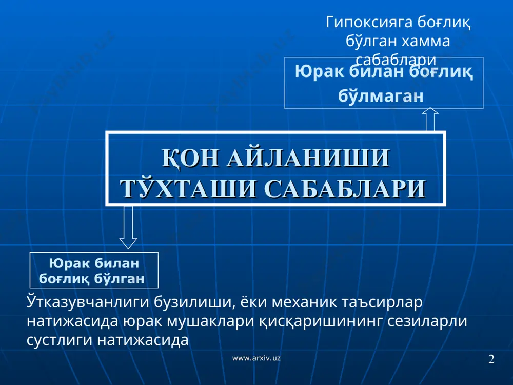 мациясини бошлаш. 5 www.arxiv.uz www.arxiv.uz хушсиз холатда бўлган беморнинг ахволини бахолаш нафас йўллари ўтказувчанлигини таъминлаш нафас фаолиятини гемодинамикани 6 www.arxiv.uz www.arxiv.uz реанимациянинг асосий босқичлари -a air way -b breathing -c circulation -d differentation, drugs, defibrillation www.arxiv.uz www.arxiv.uz air way нафас йўллари ўтказувчанлигини таъминлаш (тилни орқага кетиб қолишининг олдини олиш,зарурат бўлса трахея интубацияси). 7 www.arxiv.uz www.arxiv.uz air way 8 www.arxiv.uz www.arxiv.uz breathing ўпка сунъий вентиляциясини бошлаш www.arxiv.uz www.arxiv.uz breathing 10 www.arxiv.uz www.arxiv.uz ўпканинг сунъий вентиляцияси алгоритмлари 11 www.arxiv.uz оғиздан оғизга, оғиздан бурунга ниқоб, амбу қопчаси ва о2 ли нафас иккита кетма – кет нафас нафас чиқишини кутиш минутига 10 - 12, нафас хажми 800 мл, давомийлиги 1,5-2 сек. нафас харакатларини назорати нафас олиш ва чиқариш даврида кўкрак қафаси харакатини кузатиш хавонинг орқага қайтиши назорати www.arxiv.uz circulation қон айланишини тиклаш, яъни юракнинг билвосита массажини бошлаш. www.arxiv.uz www.arxiv.uz circulation 12 жабрланувчини қаттиқ ва текис жойга ётқизилади, ёнида тик ёки тиззага ўтирган холда кўкрак …