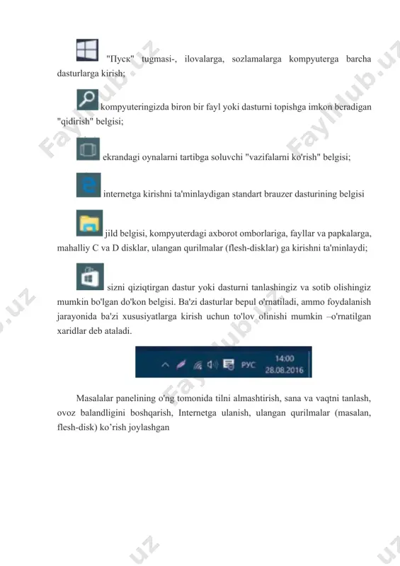 ang yoki olib tashlang. windows operatsion tizmning asosiy standart dasturlarini выполнить oynasi orqali yuklash uchun win+r turmalar brikmasidan foydalaniladi. windows standart dasturlari calc - калькулятор dasturini ishga tushiradi. notepad- блокнот dasturini ishga tushiradi. mspaint- paint grafik muharriri dasturini ishga tushiradi. wordpad- wordpad matn muharriri dasturini ishga tushiradi. quyida oynalar bilan tezkor ishlashga xizmat qiluvchi 13 ta tugmachalar kombinatsiyasini keltirib o‘tamiz. 1. alt + tab. bunda alt tugmachasini bosib ushlab turgan holda, keyin tab’ni bosasiz. paydo bo‘lgan panelda barcha ochiq turgan dasturlar oynalari prevyu shaklida ko‘rinadi. tab’ni qayta-qayta bosish orqali istalgan birining ustiga borib qo‘yib yuborsangiz, o‘sha oynaga o‘tasiz. 2. ctrl + alt + tab. yuqoridagi usulda siz alt’ni qo‘yib yuborishingiz bilan oynalar prevyusi avtomatik tarzda g‘oyib bo‘ladi. lekin mana bu tarzda – uchta tugmacha birikmasi bilan uni yo‘qolib qolmaydigan qilish mumkin. oynalarni bemalol ko‘rasiz, ko‘rsatkich (strelka) tugmachalari bilan keraklisining ustiga borasiz va enter’ni bosasiz – shunda panel yo‘qolib, o‘sha dasturga …