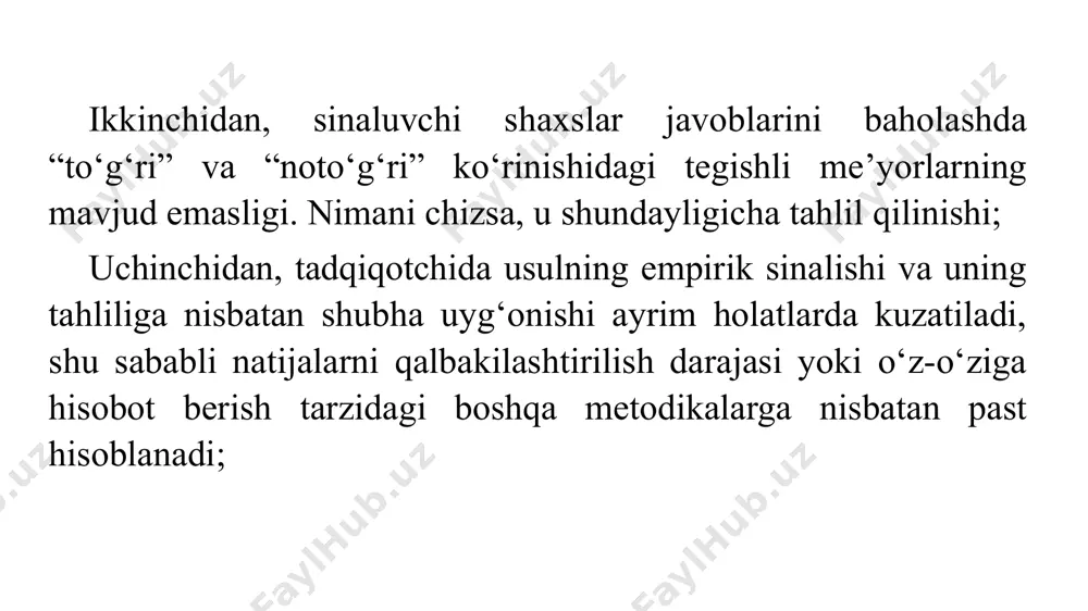 dagi ba’zi tanqidiy fikrlarga oz bo‘lsa-da, chek qo‘yishi ehtimoldan holi emas. psixodiagnostika metodlaridan biri — kontent tahlildir. bunda faoliyat natijalarini tahlil qilish orqali shaxs xususiyatlari baholanadi. oldindan tayyorlab qo'yilgan sxema asosida sinaluvchining yozma matnlari, asarlar, xatlar, faoliyat natijalari mazmuni jihatidan tahlil qilinadi. kontent-tahlilning vazifasi - insonning yozma ijodiyot mahsullarida namoyon boiadigan shaxsning psixologik tavsiflarini aniqlash va baholash hisoblanadi. psixodiagnostika metodi sifatida eksperimentni qollanilishining o‘ziga xos xususiyati shundaki, bunda sinaluvchining u yoki bu xislatini baholash uchun maxsus psixodiagnostik eksperiment tashkil etiladi. shu xislat namoyon boiishi mumkin boigan sun’iy vaziyat yaratiladi. psixodiagnostik eksperimentni tashkil qilish va o‘tkazish natijasida tadqiqotchi o‘zini qiziqtirayotgan xususiyatni yoki holatni eksperimental vaziyatda sinaluvehi xulq-atvorini kuzatish orqali oladi. masalan, xavotirlanish kabi shaxs xislatini baholash qiziqtirayotgan bo‘lsa, tadqiqotchi uni hayotiy, real, aniq baholash maqsadida diagnostik eksperimentni quyidagicha tashkil etish mumkin: sinaluvchini imtihon vaziyati holatiga tushiriladi yoki qisqa vaqt ichida murakkab vazifani bajarish va uning natijalarini jiddiy baholash sharoitiga qo‘yiladi. sinaluvehi …