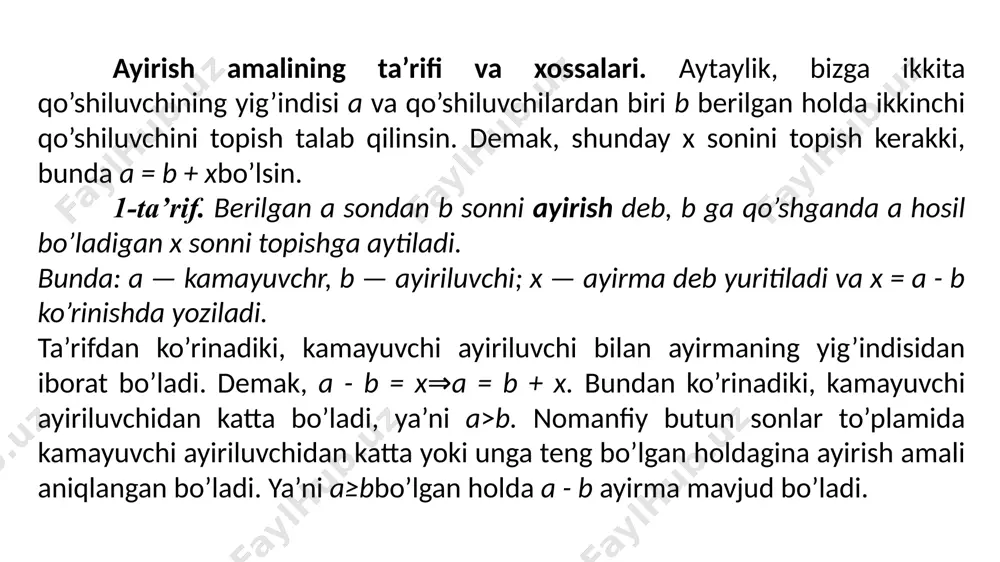 ’ladi. bundan (a•c):b = x bo’ladi. demak, a(b : c) = (ac): b. 5°. (∀a, b∈n0, c∈n)(a : c∧b : c)⇒[(a + b): c = a :c+ b :c]. isbot. (a + b): c = x bo’lsin. u holda a = (a : c) • c va b = (b : c)•c. bundan (a : c)•c + (b : c) • c = cx yoki [(a : c) + (b :c)] : c = cx yoki a:c+b:c = x. bundan a : c + b : c = (a + b): c bo’ladi. 6°. (∀a, b∈n0, ∀c∈n)(a :c∧a b :c)⇒(a - b): c = a : c- b : c . isbot. (a - b): c = x desak, a - b = cx bo’ladi. a = (a : c) • c va b=(b:c)•c desak, (a : c) • c - (b : c) • c = cx, bundan [(a …