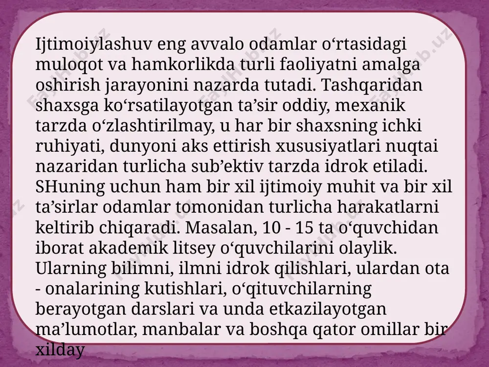 uhbatdosh sezsa ham uni bo‘yniga olmaydi. dominant tip — qatiyatli. suhbat davomida u sizning fikringizni yarim yo‘lda tushunsa, sizni oxirigacha tinglashni istamaydi, gapni bo‘lib, mayinlik bilan gapni tugatib qo‘yishi mumkin tobe tipli shaxs esa suhbatdoshning qarashlariga moslashadi, doimo yon berishga tayyor, shuning uchun u kam janjallashadi, lekin yomon ko‘rib qolgan odami bilan umuman gaplashmaydi. suhbat sharoitidagina u asta-sekin o‘zining dadilligini ko‘rsatishi, ochiq gaplashishi, ba’zan e’tirozlar bildirishi mumkin. tobe shaxsli bolalarni rag‘batlantirish maqsadga muvofiqdir, shuning uchun ham ularni maqtab turish, gapirayotganda ko‘zlar, yuz ifodalari bilan ularni ruhan qo‘llab turish kerak. image3.jpeg image4.jpeg image5.jpeg image6.jpeg image7.jpeg image8.jpeg image9.jpeg image10.jpeg image11.jpeg image12.jpeg image13.png image14.jpeg