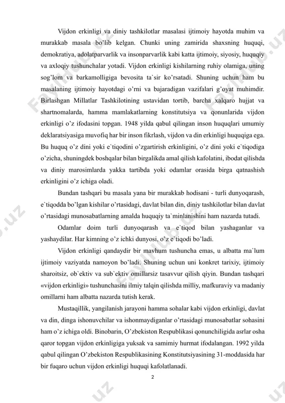 ilmiy talqin qilishda milliy, mafkuraviy va madaniy omillarni ham albatta nazarda tutish kerak. mustaqillik, yangilanish jarayoni hamma sohalar kabi vijdon erkinligi, davlat va din, dinga ishonuvchilar va ishonmaydiganlar o’rtasidagi munosabatlar sohasini ham o’z ichiga oldi. binobarin, o’zbekiston respublikasi qonunchiligida asrlar osha qaror topgan vijdon erkinligiga yuksak va samimiy hurmat ifodalangan. 1992 yilda qabul qilingan o’zbekiston respublikasining konstitutsiyasining 31-moddasida har bir fuqaro uchun vijdon erkinligi huquqi kafolatlanadi. shuni mamnuniyat bilan qayd etish lozimki, keyingi yillarda davlat bilan diniy tashkilotlar o’rtasidagi o’zaro munosabatlarda juda katta o’zgarishlar sodir bo’lmoqda. dinning jamiyatdagi o’rni tiklanmoqda. diniy uyushma va tashkilotlarning faoliyat ko’rsatishlariga imkoniyat yaratilmoqda. qator tarixiy obidalar diniy tashkilotlar ixtiyoriga o’tkazildi, yangi masjidlar ochilmoqda. diniy tashkilotlarning xalqaro aloqalari kun sayin kengayib bormoqda. mustaqillik yillarida vijdon erkinligi printsiplarini tiklash va unga og’ishmay amal qilish davr, kundalik hayot talabi va zaruriyatiga aylanib qoldi. 1991 yilda o’zbekiston respublikasi oliy majlisi «vijdon erkinligi va diniy tashkilotlar to’g’risida»gi qonunni qabul qildi. …