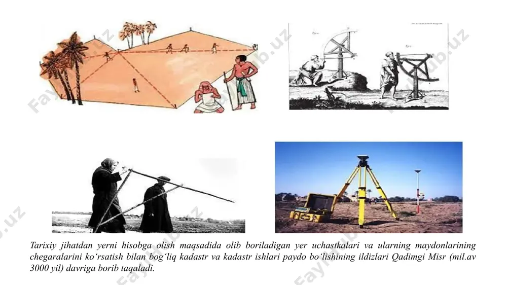 ishiga bogüq ravish­ da plan olish usuliaridan biri - teodolit (gorizontal) syomka, stereoto­ pografik, taxeometrik, menzulaviy plan olish turlai idan biri tanlanadi. kadastr xizmatlaridagi mavjud geodezik asboblarni inobatga olganda, hozirgi kunda kadastr planlaai teodolit, taxeometrik va menzulaviy plan olish usullari bilan bajarilmoqda, kadastr syomkasi - maxsus syomka hisoblanib yer uchastkasini chegara chizig‘ini aniqlash uchun kartasini tuzish, tavfsilotlarini kadastr planiga tasvirlash, uchastka maydonini va ularning qismlarini hamda cheklanish zonalarini aniqlash maqsadida olib boriladi. geodezik ishlar umumdavlat va mahalliy koordinata sistemalarida bajariladi. mahalliy koordinata sistemalarida bajarilgan geodezik ishlar umumdavlat koordinata sistemasi bilan ishonchli bog‘liqlik ta’minlangan bo‘lishi kerak, kadastr syomka obyektlari - bu qonuniy hujjatlarga yoki shahar (tuman) yer kadastr reestr kitoblarida qayd qilingan yer uchastkalari yoki ularning qismi, yangi berilgan yer uchastkalari hisoblanadi. kadastr syomkasini bajarishdagi geodezik ishlar tartibi va ularga bolgan talablar kadastr namunalari yillar davomida amalga oshirilgan kadastr tadqiqotlari misollari, ba'zi qayta tiklash masalalari va tadqiqot (va fikrlash) jarayonlarini o'z …