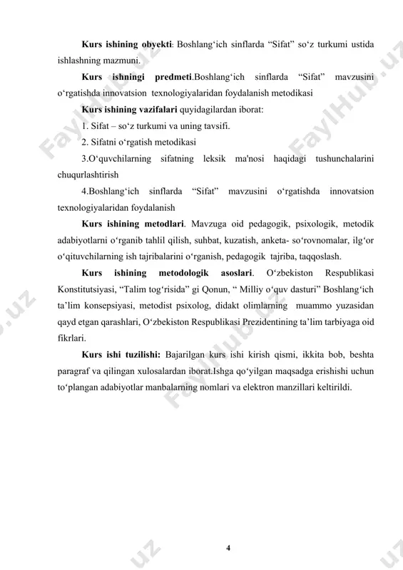 muni 1.1. sifat – so‘z turkumi va uning tavsifi so‘z turkumlari ustida ishlash metodikasining lingvistik asosi so‘zlarning leksik-grammatik,morfologik va sintaktik belgilariga ko‘ra turli gruppalarga ajratilishi — so‘z turkumlari haqidagi ilm hisoblanadi.so‘zlarni leksik-grammatik turkumlarga ajratishda uch belgiga: 1) leksik ma`nosi (nimani ifodalashi, ya`ni shaxs, narsa harakat yoki holat, belgi kabilarning umumlashtirilgan ma`nolari), 2) morfologik (so‘zning turli formalar sistemasi) va 3) sintaktik (turli morfologik formalarning snntaktik funktsiya bajarishi) belgilariga asoslaniladi.[footnoteref:1] [1: qosimova k. va boshq. ona tili o‘qitish metodikasi. toshkent-2009.] demak,so‘z turkumlari ustida ishlash o‘quvchilarning muayyan guruhdagi so‘zlarning umumlashtirilgan ma`nolarini, kishilarning aloqa vositasi sifatidagi rolini tushunib olishlariga qaratilishi zarur.boshlang‘ich sinf o‘quvchilari so‘z turkumlari (ot, sifat, son, olmosh, fe`l) bilan umumiy tanishtirilgandan so‘ng har bir leksik-grammatik gruppa alohida o‘rganiladi.bu so‘z turkumlarini o‘rganishning boshlang‘ich bosqichidayok ularni taqqoslashga qulay sharoit yaratadi va bu bilan shakllantiriladigan grammatik tushunchaning asosiy tomonlarini aniqroq ajratishga imkon beradi. boshlang‘ich sinf o‘quvchilari ot, sifat, son, fe`lning quyidagi xususiyatlarini bilib oladilar: 1) …