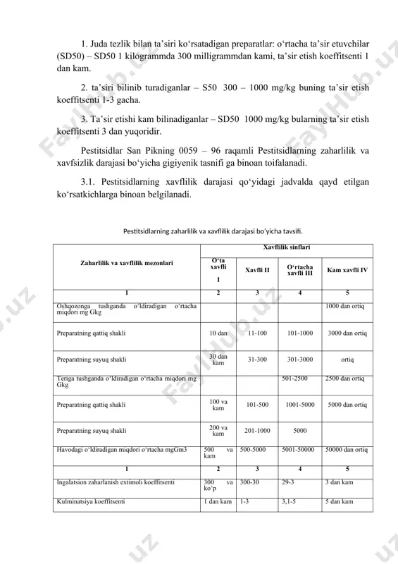 bilan bilinib turadigan preparatlarning koeffitsenti 3-5 gacha. 4. kulminatsion xossasi sezilar sezilmas bilinib turadigan pestitsidlar ularning kulminatsion koeffitsenti 5 dan yuqoridir. kulminatsion tushunchasi zaharli moddaning organizmda to‘planib qolishidir, chunki pestitsidlarning ko‘pchiligi detoksikatsiyalanib hasharotlar va issiqqonli hayvonlar tanasidan chiqib keta olmaydilar. pestitsidlarning kulminatsion xususiyati bir-biridan farq qiladi. kulminatsion xususiyat material va funksional jihatdan bo‘lishi mumkin. material kulminatsiyada hasharotlar tanasida zaharli moddalar to‘planadi, bunday hodisa xlororganik va simobli preparatlar bilan qayta-qayta ishlov berilishi natijasida sodir bo‘ladi. funksional kulminatsiya natijasida organizm tanasida zahar to‘planmaydi, uning tez ta’siri xususiyati hisobiga olinadi, bunday holat fosfororganik moddalarni ishlatilganda sodir bo‘ladi. pestitsidlarning tuproqda saqlanishi turg‘unligiga qarab ham quyidagilarga bo‘linadi: 1. juda yuqori turg‘un modda – zararsiz holga kelguncha parchalanish muddati o‘rtacha 2 yildan yuqori. 2. turg‘un modda – parchalanib zararsiz holatga kelishi muddati 0,5-2 yilgacha. 3. o‘rtacha turg‘unlikka ega bo‘lgan moddalar – bularni parchalanib zararsiz holatga kelish muddati 1-6 oygacha. 4. kam turg‘unlik xususiyatiga ega bo‘lgan moddalar …