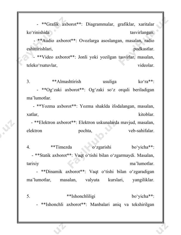 lik obyektiv faktlar bilan ta’minlanishi kerak. shaxsiy yoki psixologik tushunchalarga asoslangan ma’lumotlar ishonch darajasini pasaytiradi. 8. **hujjatlovchi dalillar bilan ta’minlanganlik**: axborot ma’lum bir dalil va hujjatlarga asoslangan bo‘lishi kerak. masalan, ilmiy izlanishlarning natijalari hujjatlar, grafika va boshqa dalillar bilan qo‘llab-quvvatlanadi. 9. **kody bilan tasdiqlanganlik**: ba’zi sohalarda, masalan, texnik dokumentatsiya yoki dasturlash bo‘yicha ma’lumotlar, kody orqali tekshirilganlik darajasi bilan baholanadi. bu literal ma’lumotlarning aniq bajarilishini ta’minlaydi. ushbu me’zonlar, axborotning ishonchliligini baholashda va uni iste’mol qilishda ko‘maklashadi. zamonaviy axborot muhitida, xususan internet sharoitidagi turfa xil ma’lumotlar oqimida, ishonchli va ehtiyotkorlik bilan tanlab olingan ma’lumotlar zaruriyatiga ortgan ahamiyat paysal bo‘lmoqda. 3. axborot manbalari va ishonchlilik darajasi axborot manbalari va ularning ishonchlilik darajasi, zamonaviy jamiyatda axborotni qabul qilishda muhim ahamiyatga ega. bugungi kunda turli manbalar kundan-kunga ko'payib, ulardan har biri turli xil ma'lumotlarni taqdim etadi. ishonchlilik darajasi esa, ushbu manbalarni baholashda va ulardan foydalanishda kalit vazifasini bajaradi. 1. **ommaviy axborot vositalari**: yozma matbuot, radio, …