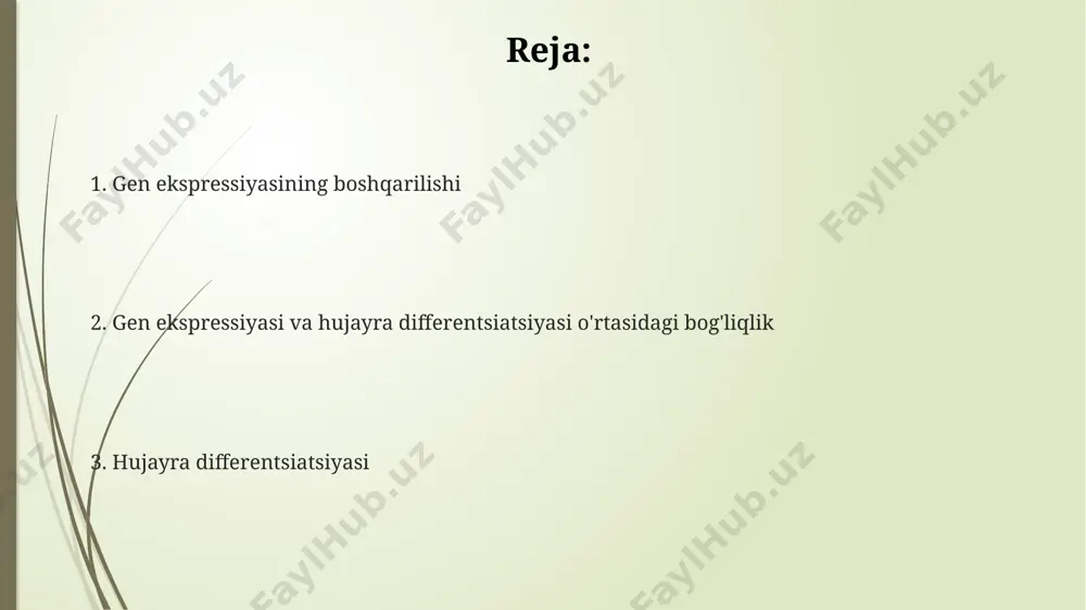 da boshqaradi. gen ekspressiyasi transkripsiya omillari deb ataluvchi oqsillar tomonidan tartibga solinadi, ular dnkning ma'lum joylariga bog'lanib, transkripsiyani 10-1000 marta kuchaytiradi yoki susaytiradi. hujayra differentsiatsiyasi jarayoni differentsiatsiya paytida, hujayralar o'zining genlarining 80% dan ko'prog'ini o'chirib qo'yadi, shuning uchun faqat to'qimaga xos genlar ifodalanadi va hujayra o'ziga xos funktsiyasini bajaradi. hujayra differentsiatsiyasi transkripsiya faktorlari, mikrornklar va signal o'tkazuvchi yo'llar kabi bir nechta regulyator omillarni o'z ichiga olgan murakkab va ko'p bosqichli jarayon hisoblanadi. hujayra differentsiatsiyasi jarayoni epigenetik mexanizmlar, masalan, dnk metillanishi va gistonga modifikatsiyalash orqali, 100 dan ortiq turli xil hujayra turlarining hosil bo'lishini boshqaradi. hujayra differentsiatsiyasida gen ekspressiyasining roli hujayra differentsiatsiyasi jarayonida 2000 dan ortiq genning ekspressiyasi o'zgaradi, bu esa hujayraning morfologiyasi va funksiyasining o'zgarishiga olib keladi. homeotik genlar kabi muhim regulyator genlar hujayra differentsiatsiyasi dasturini belgilaydi va 100 dan ortiq pastki genlarning ekspressiyasini boshqaradi, to'qimalarning shakllanishini aniqlaydi. hujayra differentsiatsiyasi, transkripsiya faktorlari va epigenetik modifikatsiyalar kabi 5 ta asosiy mexanizm …