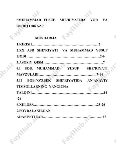 muhammad yusuf she'riyatida yor va oshiq obrazi — DOC
