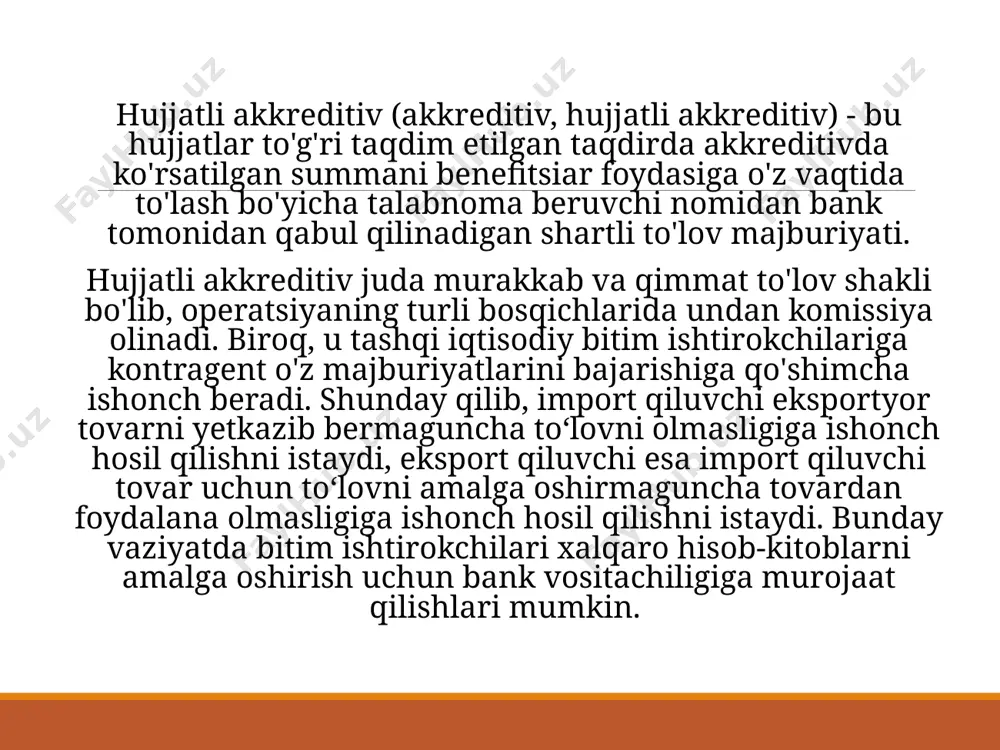 shi kerak. xuddi shu hujjatda, qoida tariqasida, ariza beruvchi bankka akkreditiv summasi va komissiyalar bo'yicha o'z hisobvarag'ini debet qilishga ruxsat beradi. mablag'lar bank tomonidan akkreditiv bo'yicha maxsus qoplama hisobvarag'iga debetlanadi. emitent bankning kredit resurslari hisobidan akkreditiv ochish ham mumkin. 3. ariza beruvchidan kelib tushgan ariza asosida emitent-bank (importyor banki) benefitsiarga (eksportyorga) akkreditiv beradi (ochadi). yuqorida aytib o'tilganidek, akkreditiv uning mijozi emas, balki bankning moliyaviy majburiyati bo'lganligi sababli, benefitsiarga ma'lum hujjatlarni taqdim etgandan so'ng ma'lum miqdorda pul to'lash eksportyorga uning tovar (ish, xizmat) to'lanishiga qo'shimcha ishonch beradi. bundan tashqari, akkreditiv shartlariga to'liq mos ravishda taqdim etilgan hujjatlar arizachidan to'lovni amalga oshirish uchun qo'shimcha rozilikni talab qilish yo'qligini ta'minlaydi. ijro etuvchi bank to'lovni mustaqil ravishda hal qiladi, bu benefitsiar uchun ham qulay. ariza beruvchining akkreditiv ochish to'g'risidagi arizasidan olingan ma'lumotlar akkreditiv matniga o'tkaziladi va tashqi savdo shartnomasi (shartnomasi) asosida tuziladi. quyida swift formatida tuzilgan akkreditivning asosiy maydonlarini to'ldirish misoli keltirilgan. swift formatida …