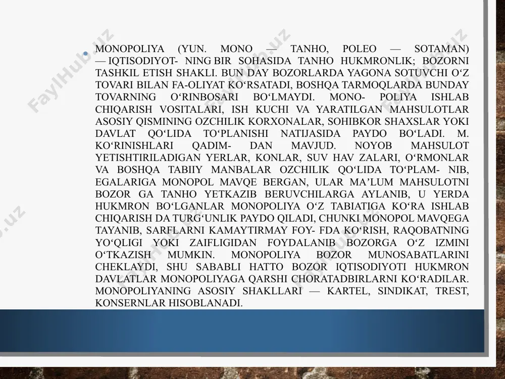 rx oʻrnatilgandatanlash imkoniyati boʻlmaganligi sababli haridor daromadining bir qismini yoʻqotadi. lekin monopoliya monopol narxni chegarasiz oshira olmaydi, chunki har qanday narxning yuqori chegarasini harid qobiliyati belgilaydi. shuni hisobga olib monopol narx bozor koʻtaradigan narxning eng yuqorisi qilib belgilanadi, ammo bunday narx talabning ela-stikligini yuzaga keltirmaydi, yaʼni talab narxining ortishiga nisbatan tezroq pasayadi. monopol narxga resurelar narxining ortishi ham taʼsir etadi, chunki harajatlar ortib, foyda qisqaradi. monopsoniya sharoitidagi monopol narx haridor narxi hisoblanib, u ishlab chiqaruvchilarning oʻrtacha harajatlari darajasida boʻladi. buning natijasida monopsonistga tovar sotganlar minimal foyda koʻradi, monopsonist esa narxni pastligidan yutib chiqadi. bu yerda sotuvchilarning yoʻqotishi haridor — monopsonistning yutugʻiga aylanadi. monopol narx bozorning asosiy vositasi boʻlganligidan, davlat bu narxlarni nazorat qiladi, ularning haddan ziyod yuqori yoki last belgilanishiga yoʻl bermaydi, narxni oshirish hisobidan topilgan foydani davlat oʻz byudjetiga olib qoʻyadi. o‘zbekistondagi monopol kompaniyalar o‘zbekiston respublikasi monopoliyaga qarshi kurashish qo‘mitasi tabiiy monopoliya sub’ektlarining davlat reyestridagi korxonalar ro‘yxatini e’lon qildi. …