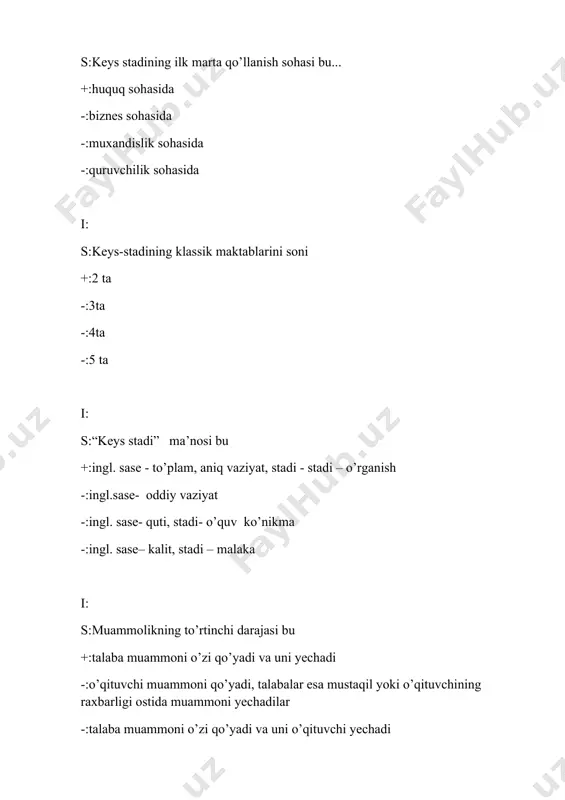 bo’lishi mumkin... +:qisqa, o’rtacha, katta -:uzoq muddatli -:qisqa muddatli -:o’rta muddatli i: s:keysni rasmiylashtirish usuli bu +:bosma, elektron, video-keys, audio-keys,mulьtimedia-keys -:hikoya, esse, tahliliy yozishma, jurnalist tergovi, -:hisobot, ocherk, faktlar, majmui -:statistik materiallar majmui, hujjatlar va ishlab chiqarish namunalari majmui i: s:o’quv topshirig’ini taqdim etish usuli +:savolli keys, keys- topshiriq -:bosma, elektron -:audio-keys, -:mulьtimedia-keys i: s:keys uchun axborot yig’ish usullari bu +:intervьyu, suhbat, o’rganish (arxiv hujjatlari, hisobotlarni), kuzatuv -:so’rovnoma varag’i, anketa, -:intervьyu olish varag’i -:har xil jadvallar va boshqalar i: s:keys uchun axborot yig’ish vositasi bu +:so’rovnoma varag’i, intervьyu olish varag’i, anketa, har xil jadvallar va boshqalar. -:intervьyu, suhbat, -:kuzatuv -:(arxiv hujjatlari, hisobotlarni) o’rganish i: s:keysda muammo nechta usullarda beriladi? bu +:3 ta -:1 ta -:2ta -:4 ta i: s:keys qanday tuzilishga ega? +:kirish, keys ob’ektining tarixiy bayoni, vaziyat, muhokama uchun savollar va keysga savollar -:kirish muhokama uchun savollar va keysga savollar -:kirish, keys ob’ektining tarixiy bayoni -:kirish, vaziyat i: s:keysning …