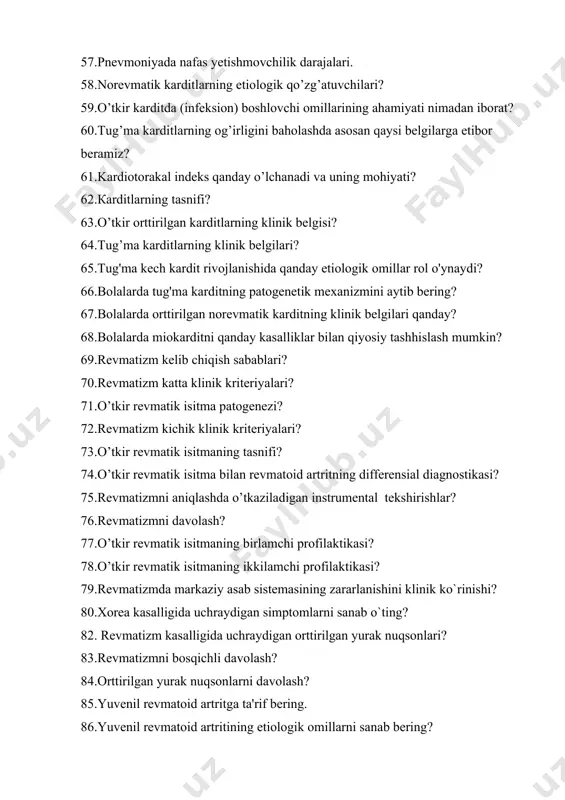 itmaning ikkilamchi profilaktikasi? 79.revmatizmda markaziy asab sistemasining zararlanishini klinik ko`rinishi? 80.xorea kasalligida uchraydigan simptomlarni sanab o`ting? 82. revmatizm kasalligida uchraydigan orttirilgan yurak nuqsonlari? 83.revmatizmni bosqichli davolash? 84.orttirilgan yurak nuqsonlarni davolash? 85.yuvenil revmatoid artritga ta'rif bering. 86.yuvenil revmatoid artritining etiologik omillarni sanab bering? 87.yuvenil revmatoid artritlning tasnifini aytib bering 88.yuvenil revmatoid artritning patogenezi haqida gapirib bering? 89.yuvenil revmatoid artritning bugim-visseral shaklining klinik ko'rinishini aytib bering? 90.yuvenil revmatoid artritning artikulyar shaklining klinik ko'rinishini aytib bering. 91.yuvenil revmatoid artritning 4ta faollik darajalarni sanab bering? 92.yuvenil revmatoid artrit necha rentgenologik bosqichga bo'linadi? 93.yura diagnostika mezonlarini tushuntiring. 94.o'tkir revmatik isitma bilan yura ning differensial tashxisini o'tkazing. 95.yura va orida bugim sindromini farqlang. 96.yuvenil revmatoid artritida qanday bo'g'imlar ta'sirlanadi? 97.still sindromi haqida gapirib bering. 98.yuvenil revmatoid artritining prognozi va profilaktikasi haqida gapirib bering. 99.yuvenil revmatoid artritning asoratlarini sanab bering?